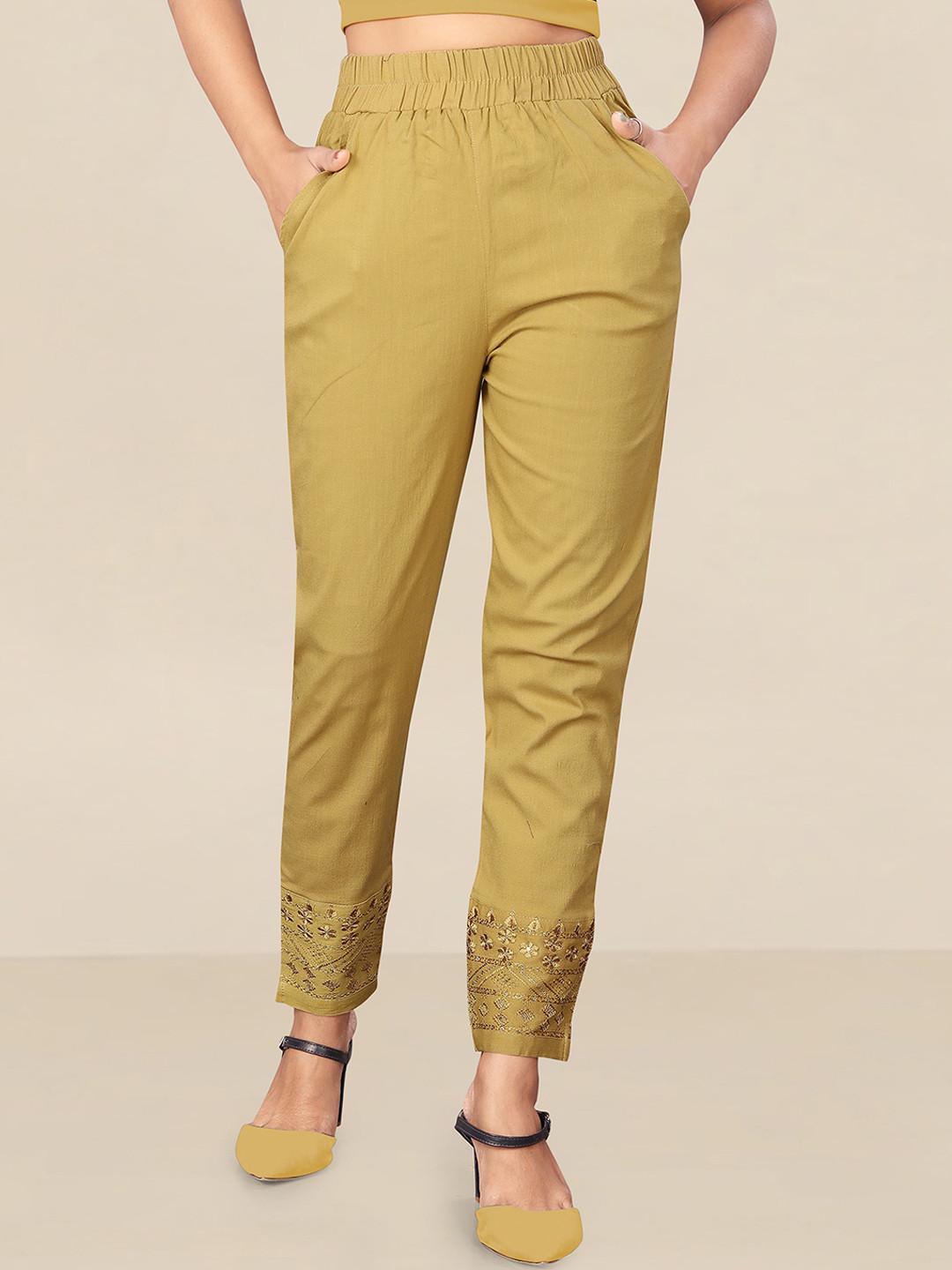 

UNITED LIBERTY Women Gold-Toned Relaxed Easy Wash Cotton Trousers