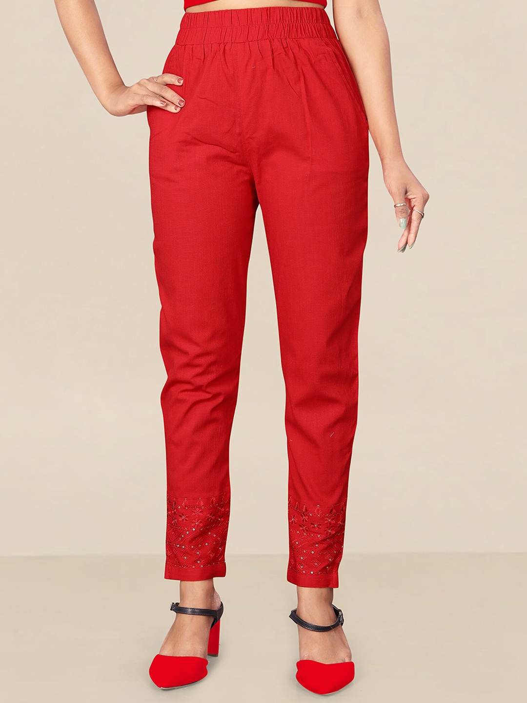 

UNITED LIBERTY Women Red Relaxed Easy Wash Regular Fit Trousers