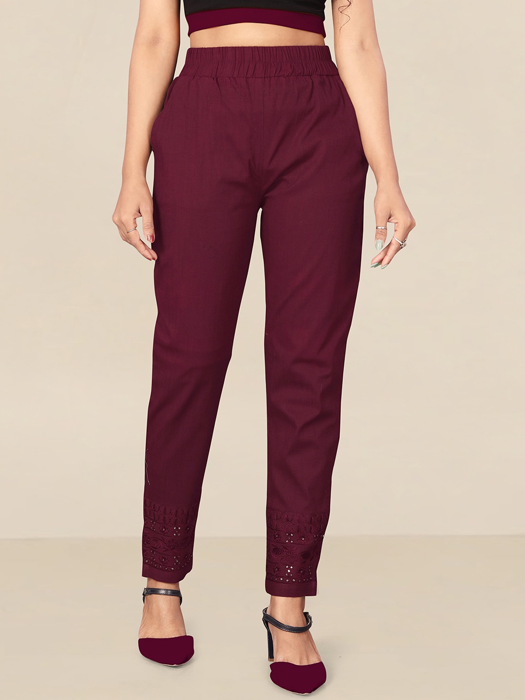 

UNITED LIBERTY Women Maroon Relaxed Easy Wash Regular Fit Trousers