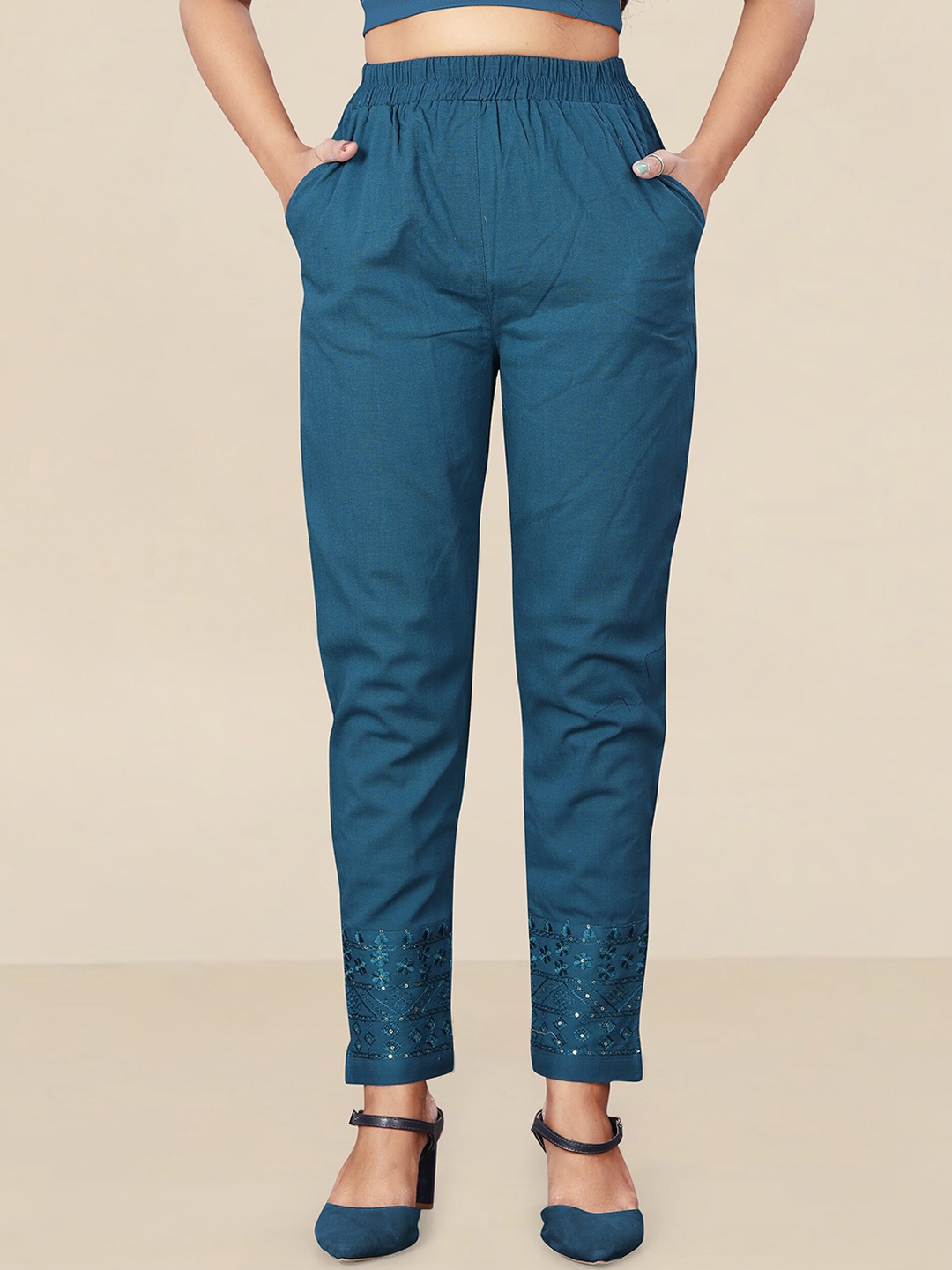 

UNITED LIBERTY Women Teal Relaxed Easy Wash Trousers