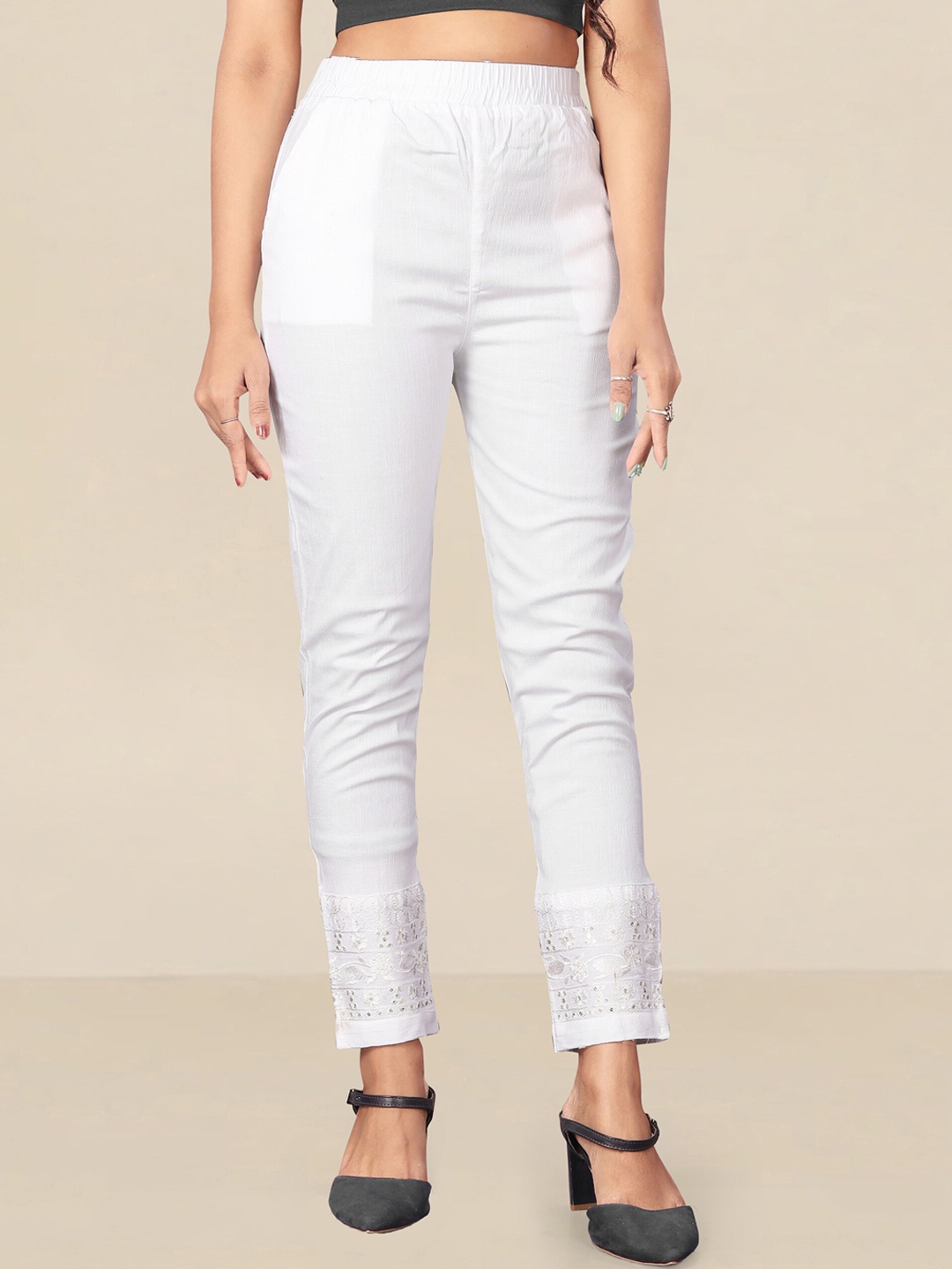 

UNITED LIBERTY Women White Relaxed Easy Wash Cotton Trousers