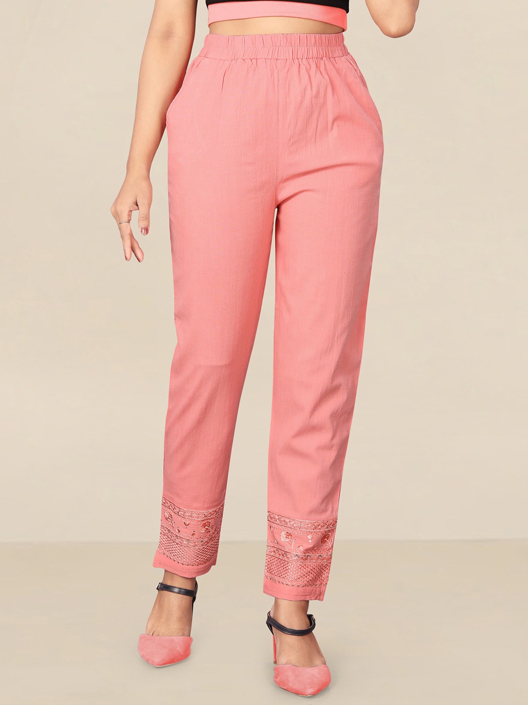 

UNITED LIBERTY Women Peach-Coloured Relaxed Easy Wash Cotton Trousers