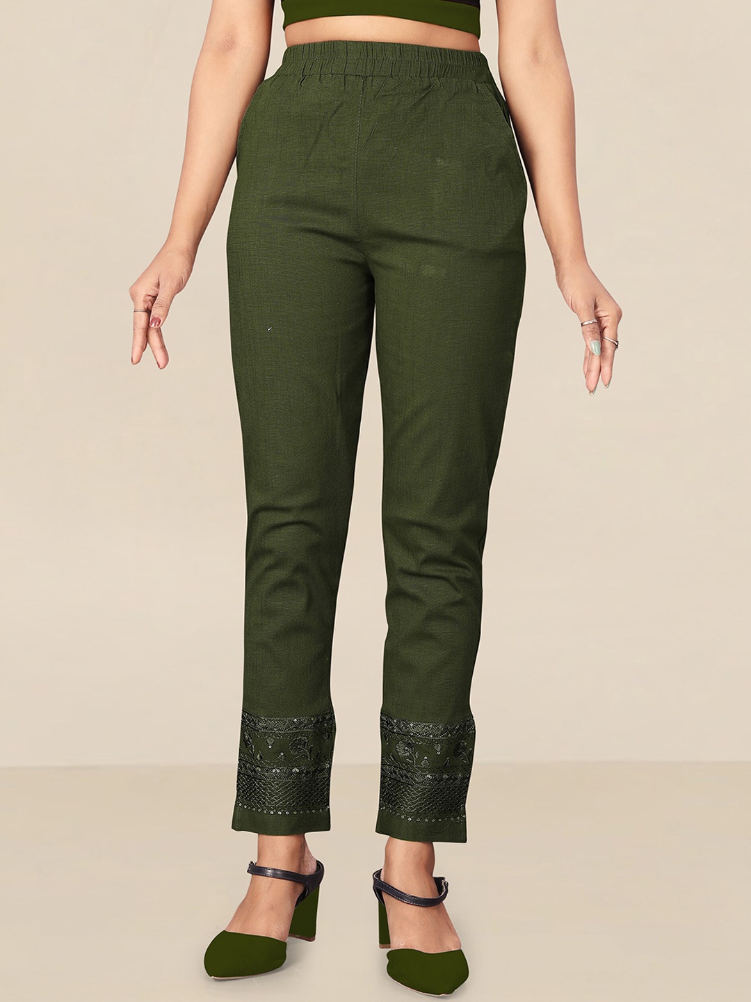 

UNITED LIBERTY Women Olive Green Stretchable Relaxed Easy Wash Trousers