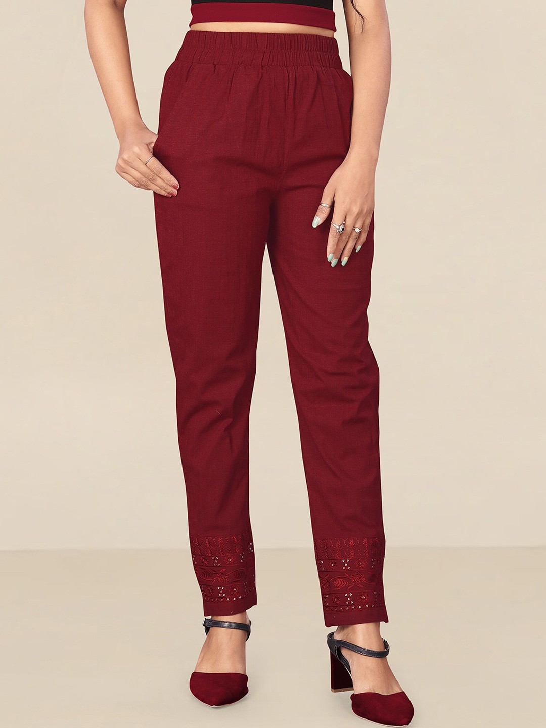 

UNITED LIBERTY Women Maroon Stretchable Relaxed Easy Wash Trousers