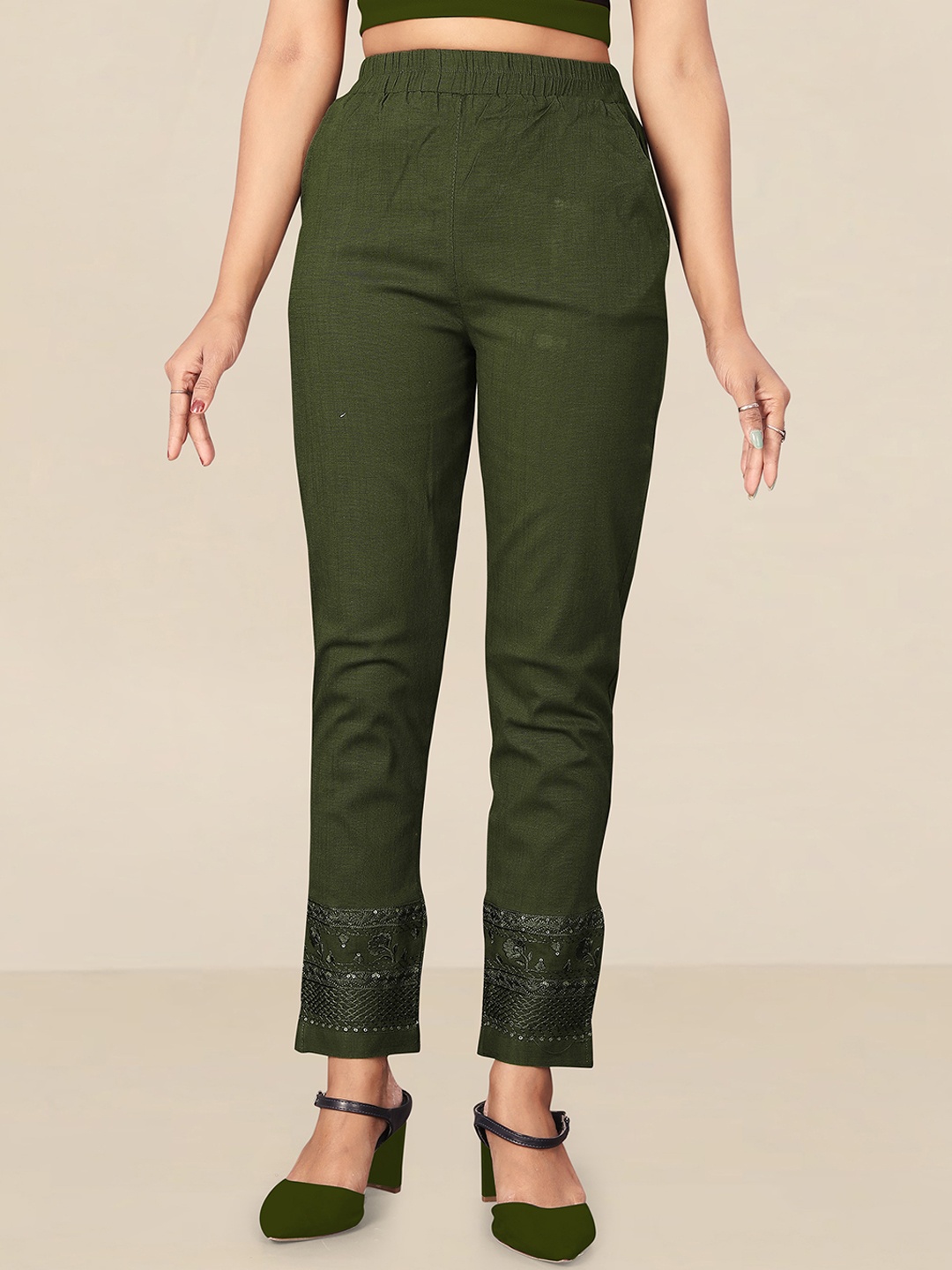 

UNITED LIBERTY Women Olive Green Relaxed Easy Wash Cotton Trousers