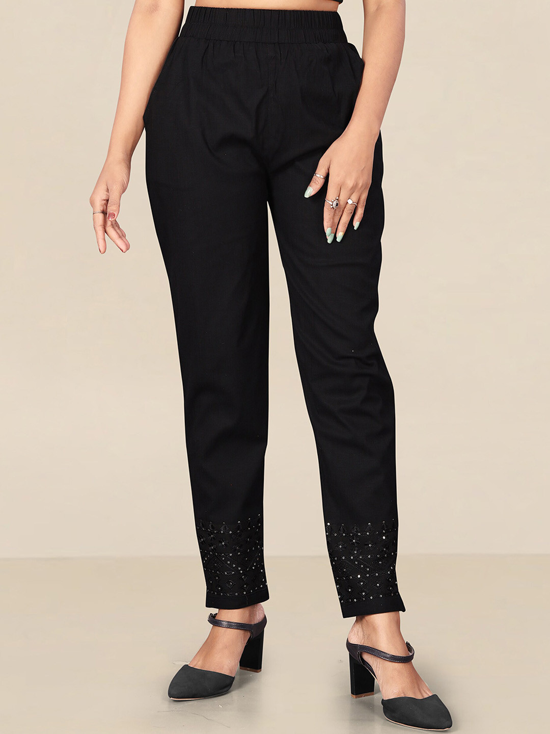 

UNITED LIBERTY Women Black Relaxed Easy Wash Cotton Trousers