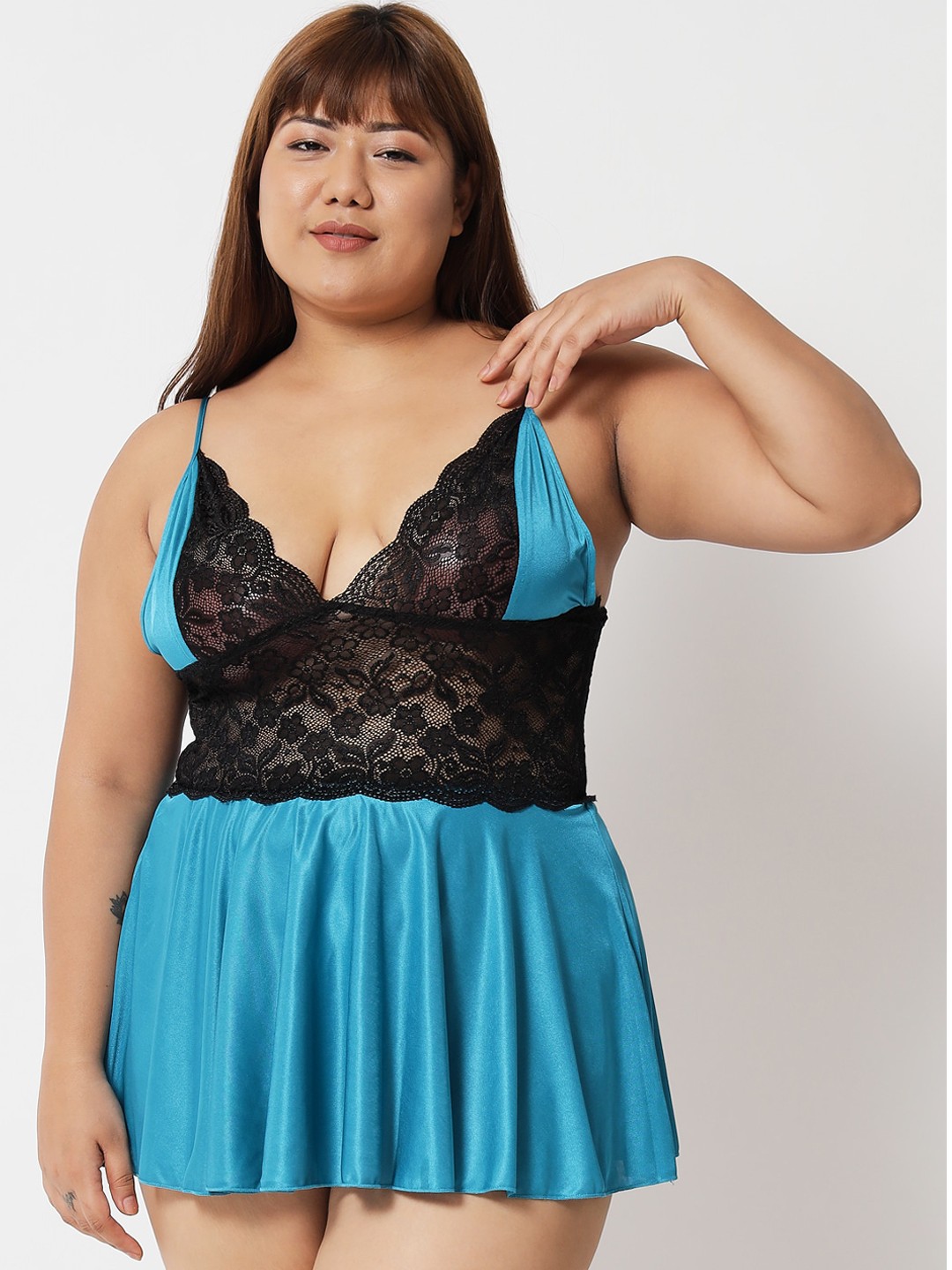 

Klamotten Women Turquoise Blue & Black Lace Baby Doll
