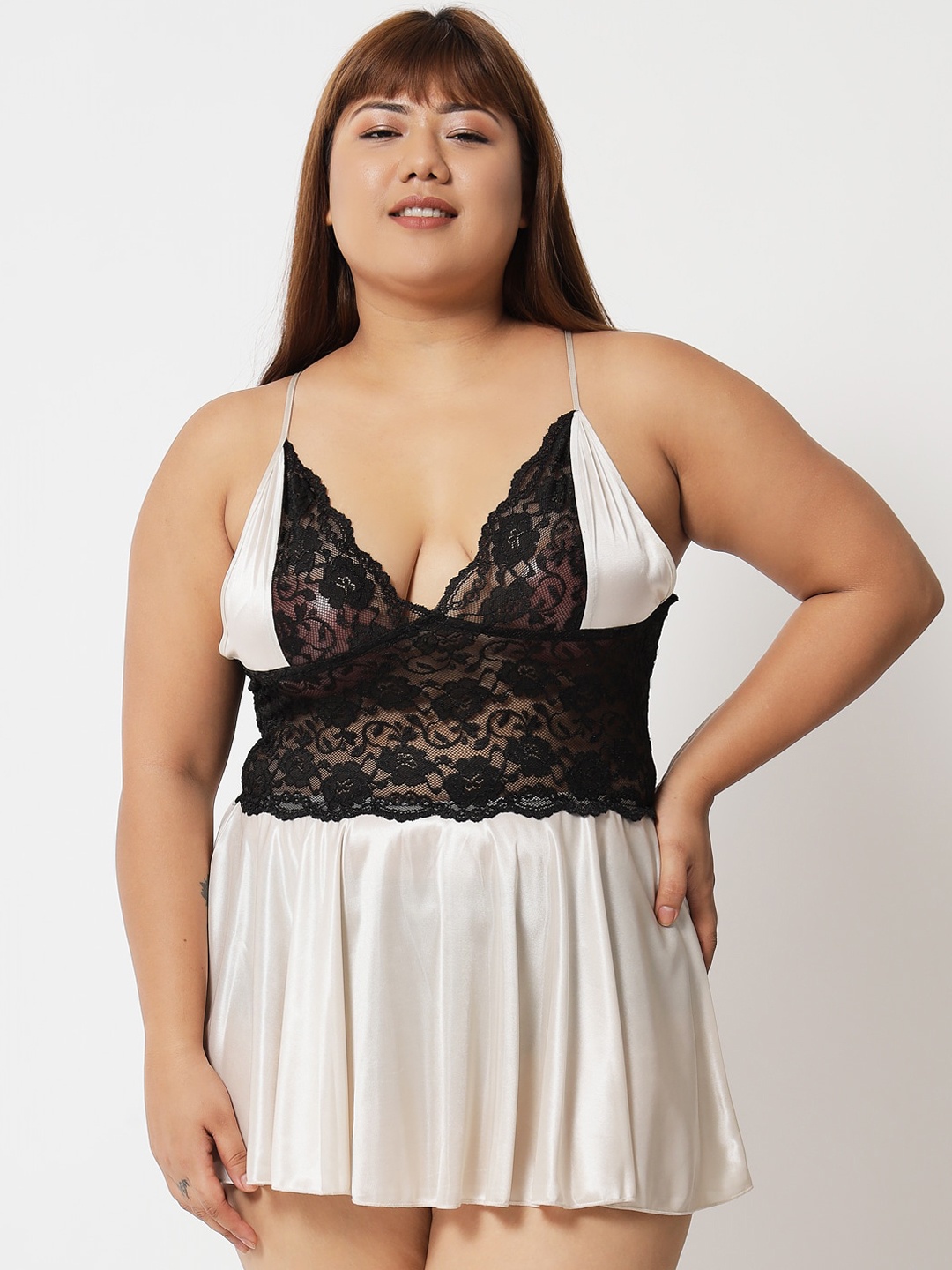 

Klamotten Plus Size Beige & Black Satin Baby Doll 07Ac_Klm