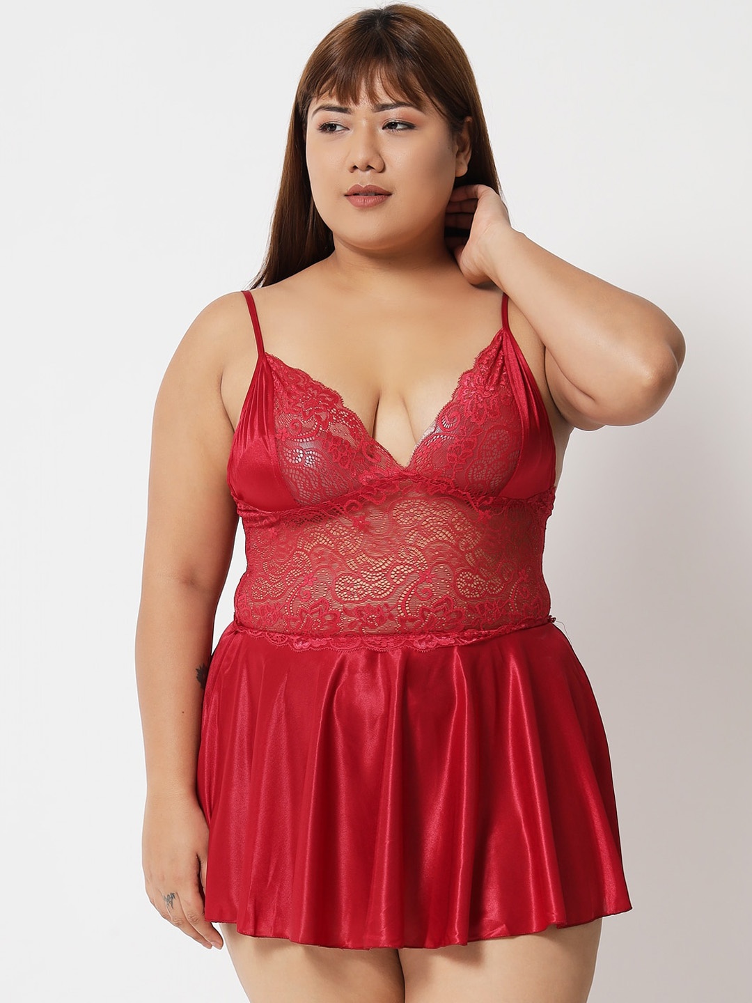 

Klamotten Women Plus Size Maroon Satin Baby Doll