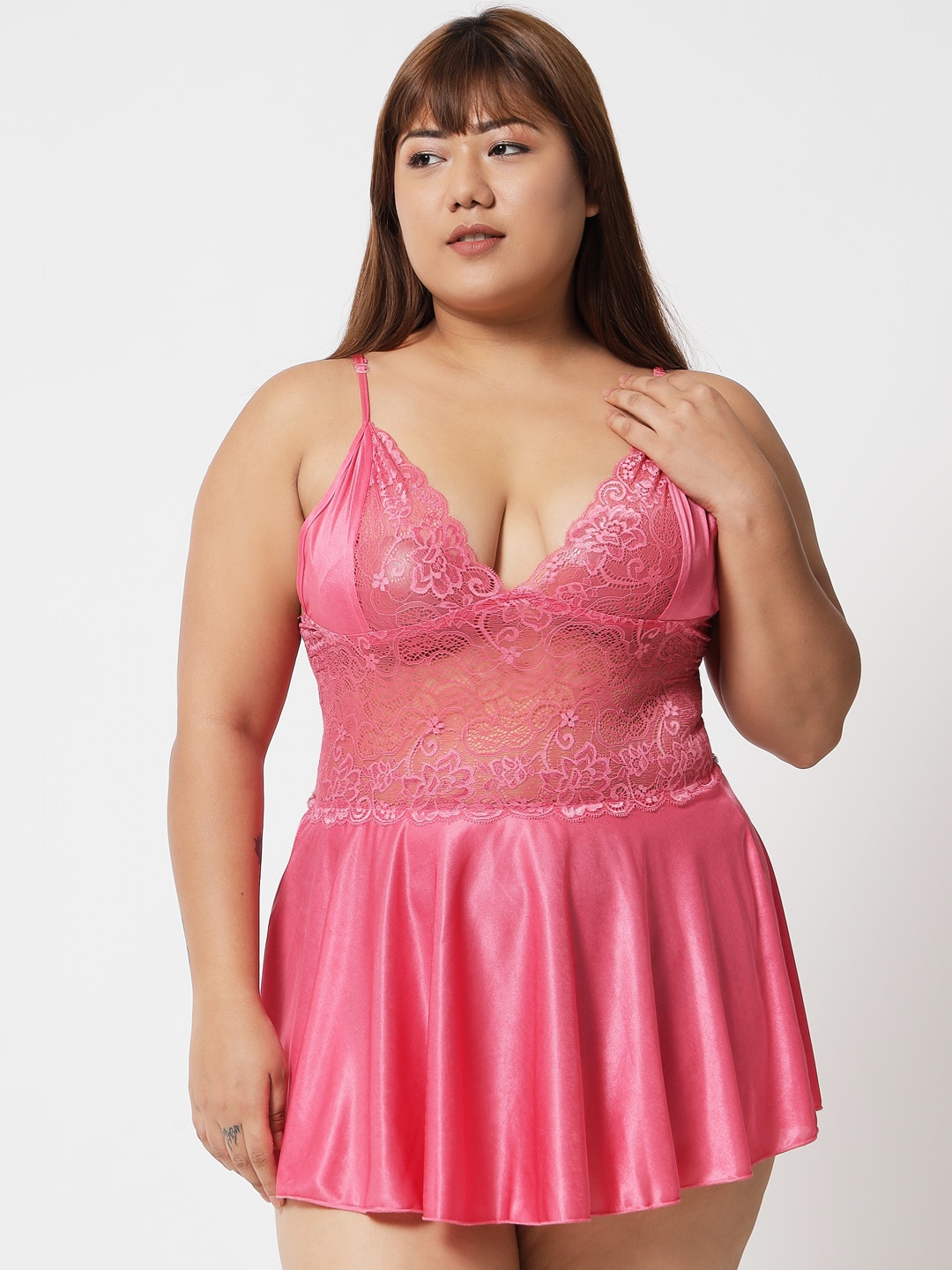 

Klamotten Women Plus Size Pink Satin Baby Doll