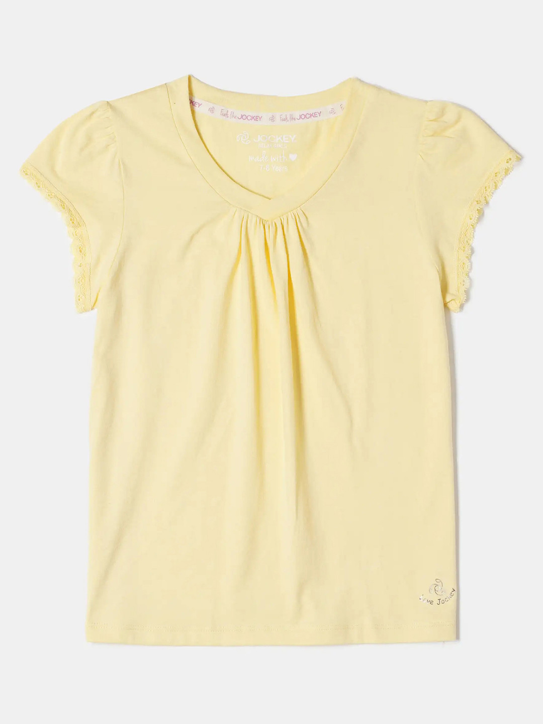 

Jockey Girls Super Combed Cotton Solid Short Sleeve Relaxed Fit V Neck Tshirt-RG01, Yellow