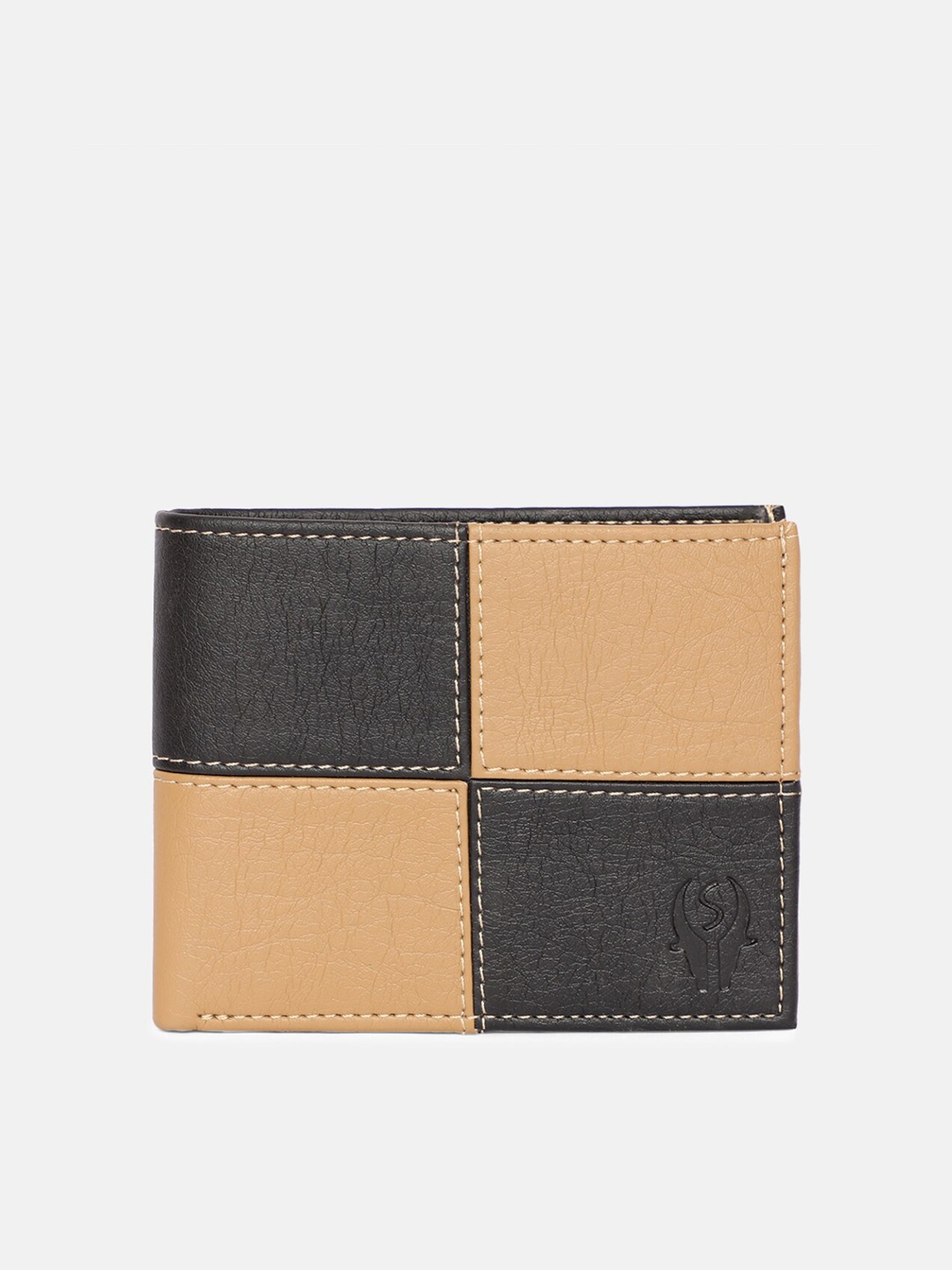 

SAMTROH Men Beige & Black Checked Embellished PU Two Fold Wallet