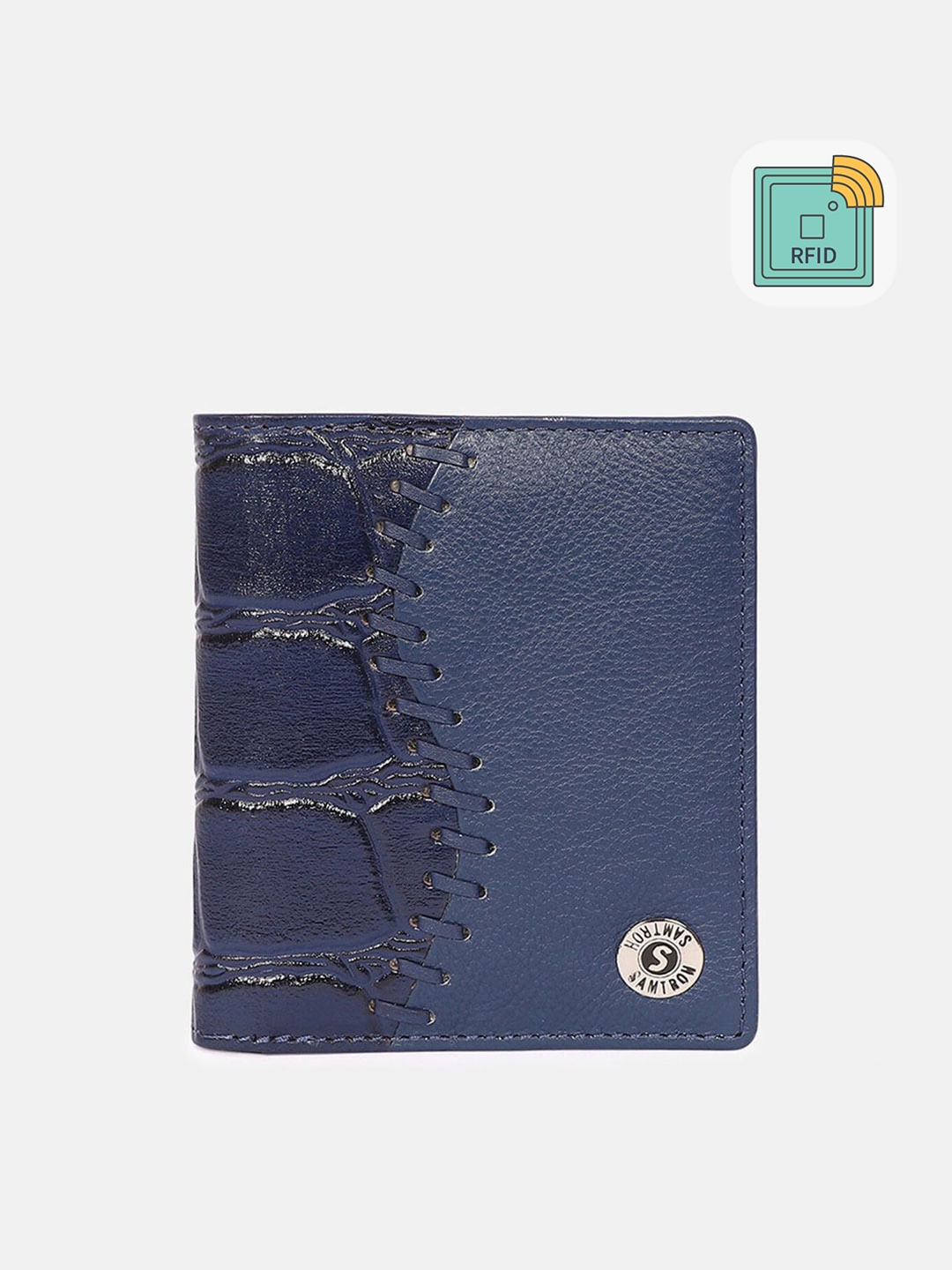 

SAMTROH Men Blue Abstract Textured Leather Two Fold Wallet