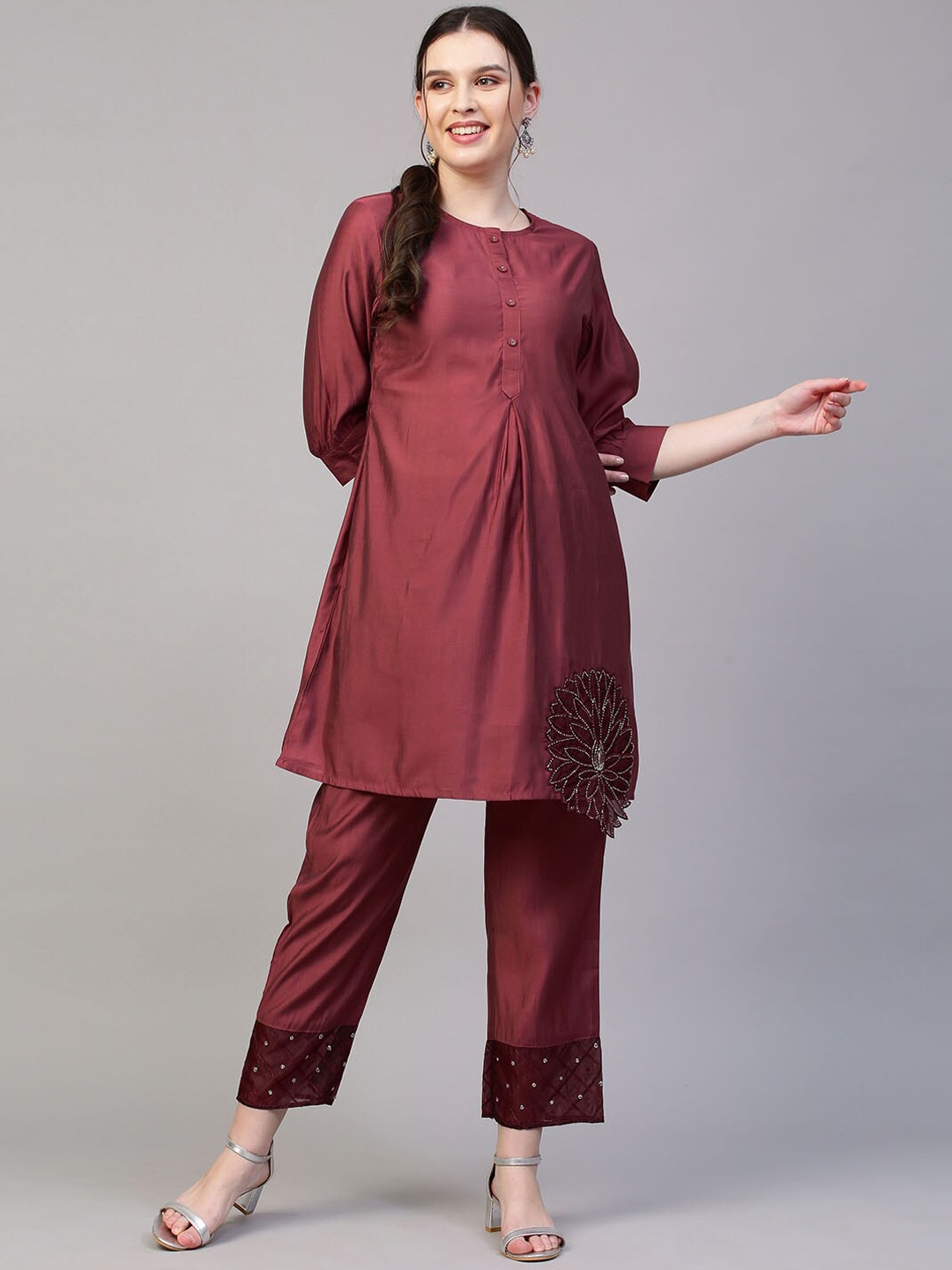 

FASHOR Women Maroon Embroidered Detail Co-ords