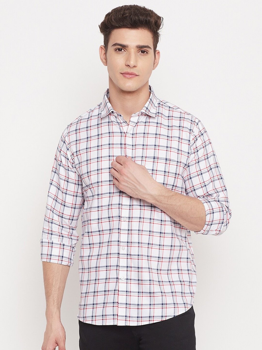 

Duke Men White Slim Fit Grid Tattersall Checks Pure Cotton Casual Shirt
