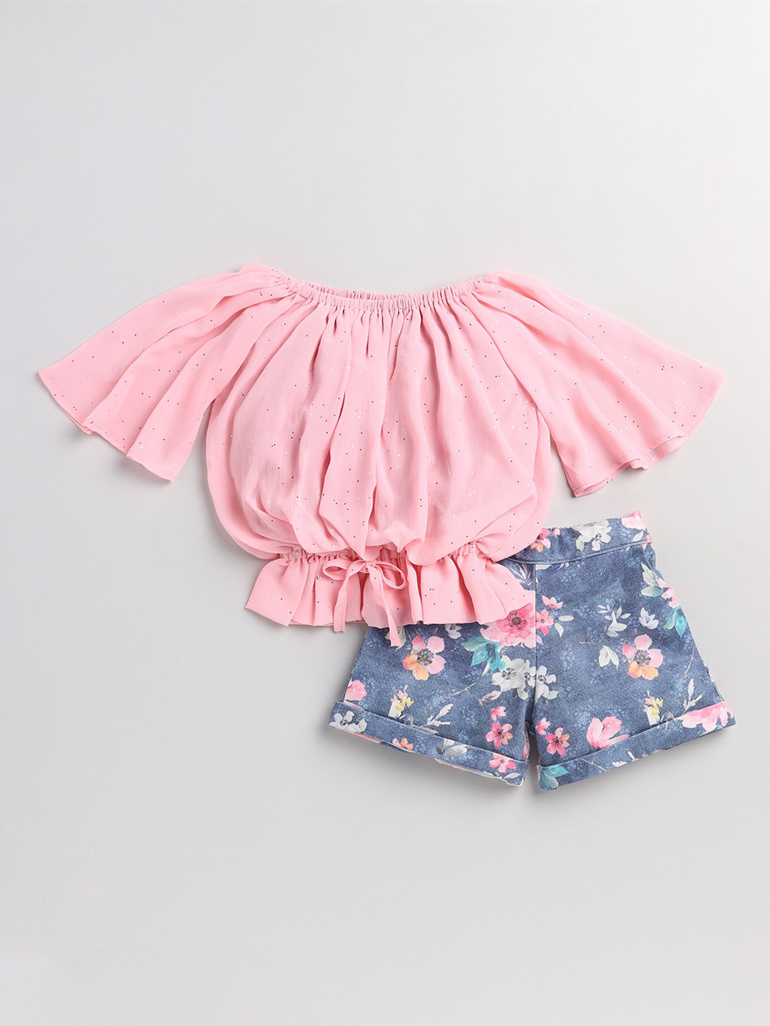 

Nottie Planet Girls Pink & Blue Floral Printed Top with Shorts