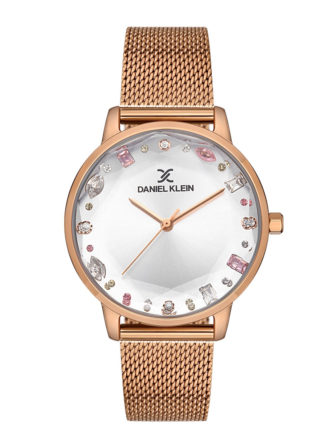 

Daniel Klein Women Pink Embellished Dial & Rose Gold Toned Bracelet Style Straps Analogue Watch