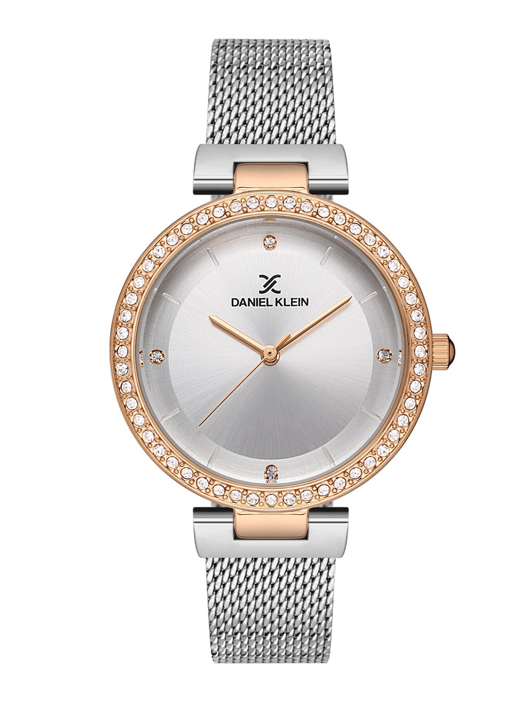 

Daniel Klein Women Rose Gold-Toned Embellished Dial & Silver Toned Bracelet Style Straps Analogue Watch