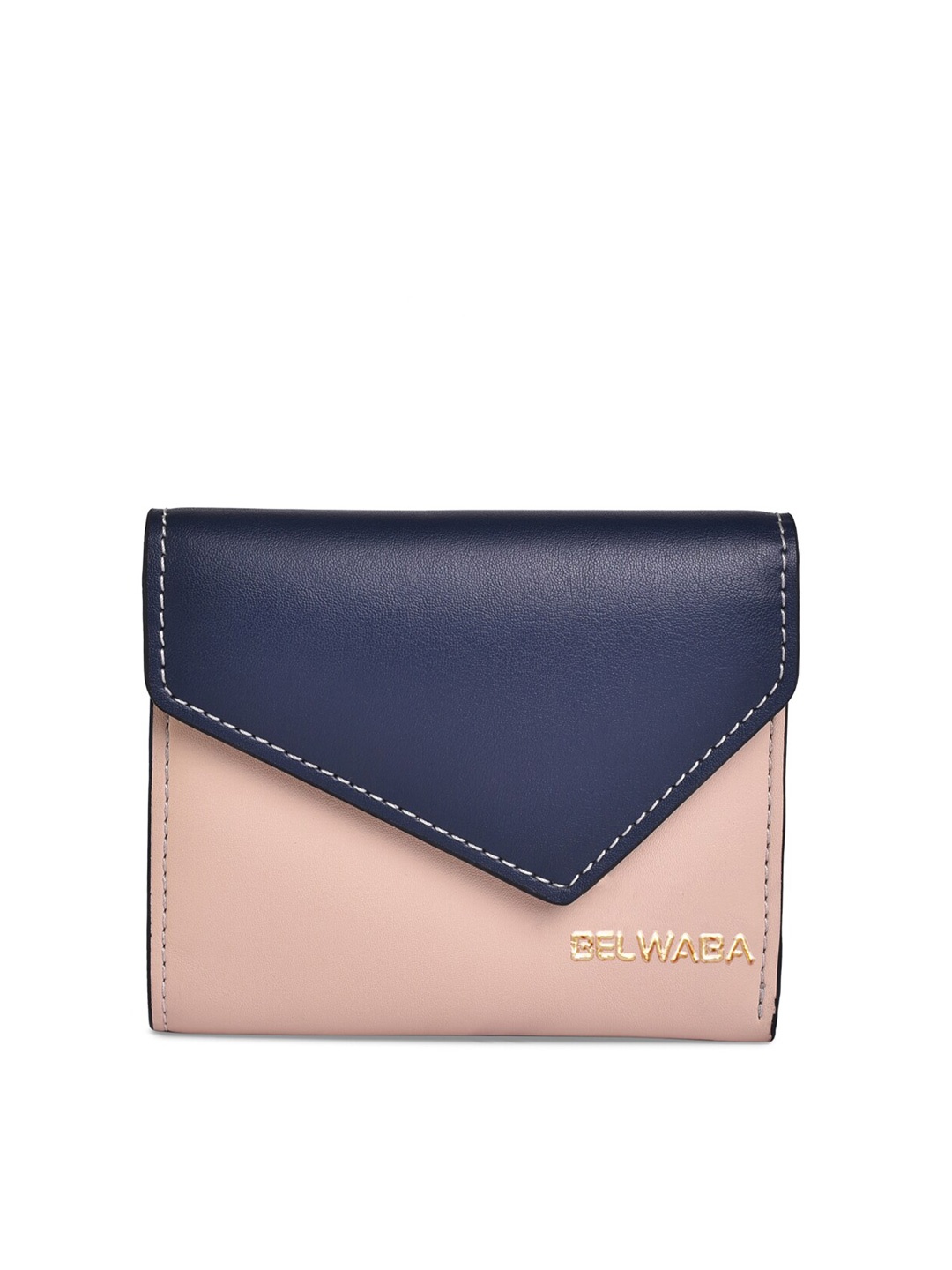 

Belwaba Women Beige & Navy Blue Colourblocked PU Three Fold Wallet