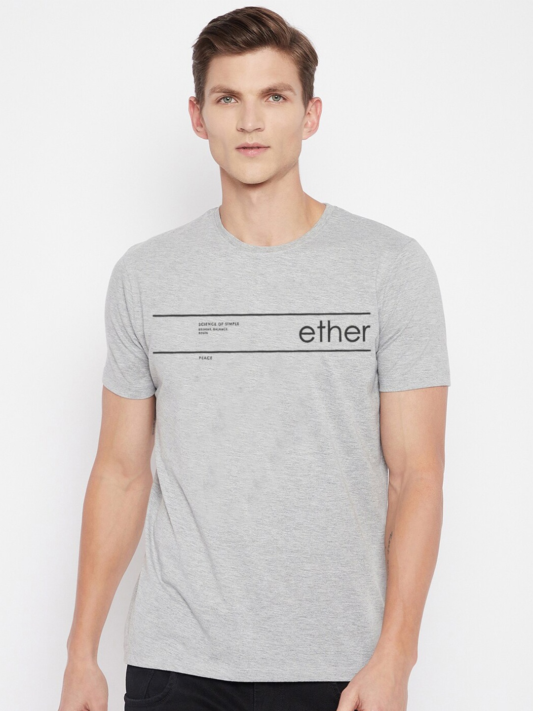 

ether Men Grey & pastel gray Typography Applique T-shirt