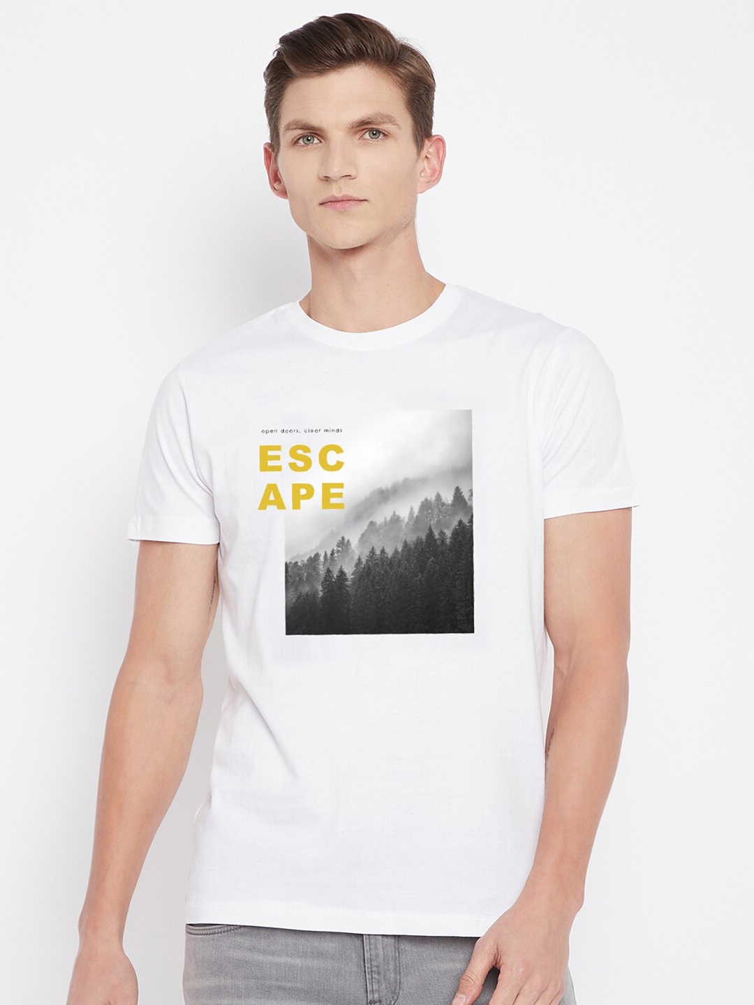 

ether Men White & Black Printed Round Neck T-shirt