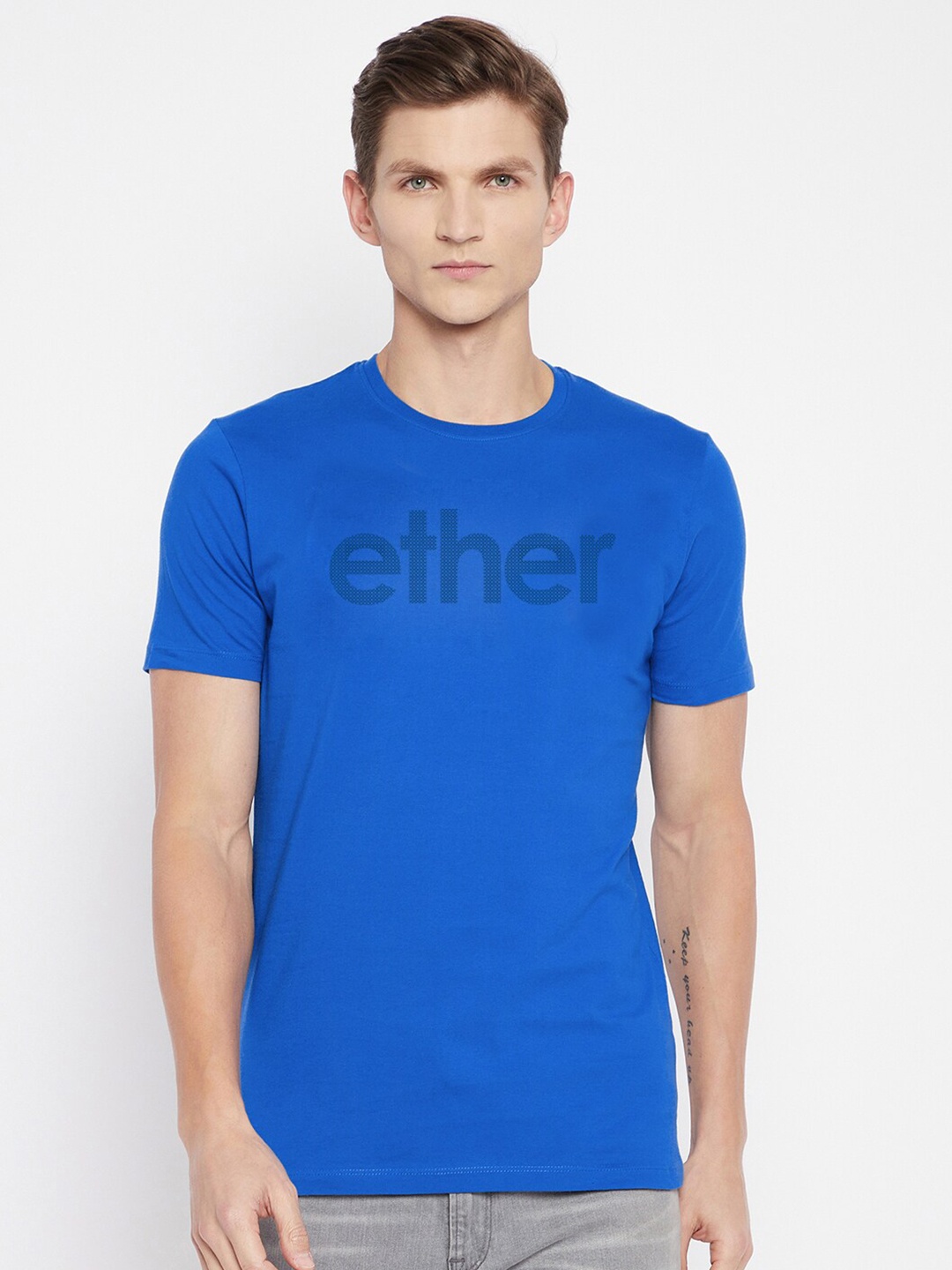 

ether Men Blue Typography Printed Cotton T-shirt