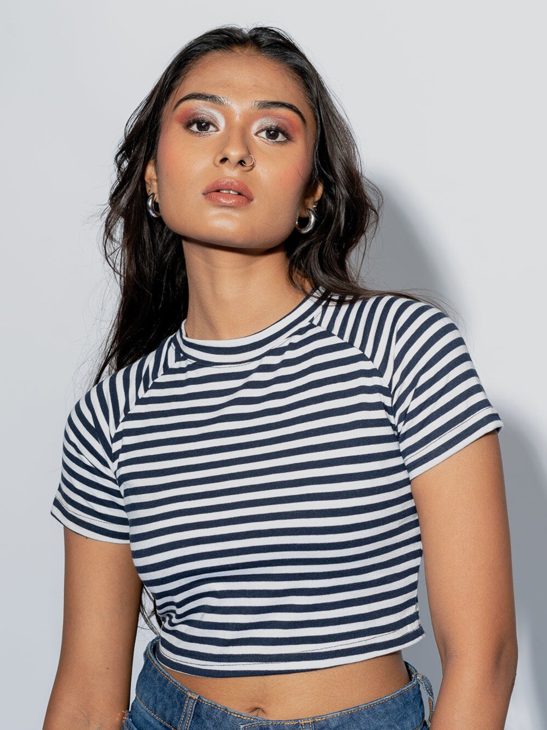 

FREAKINS Blue & White Striped Pure Cotton Crop Top