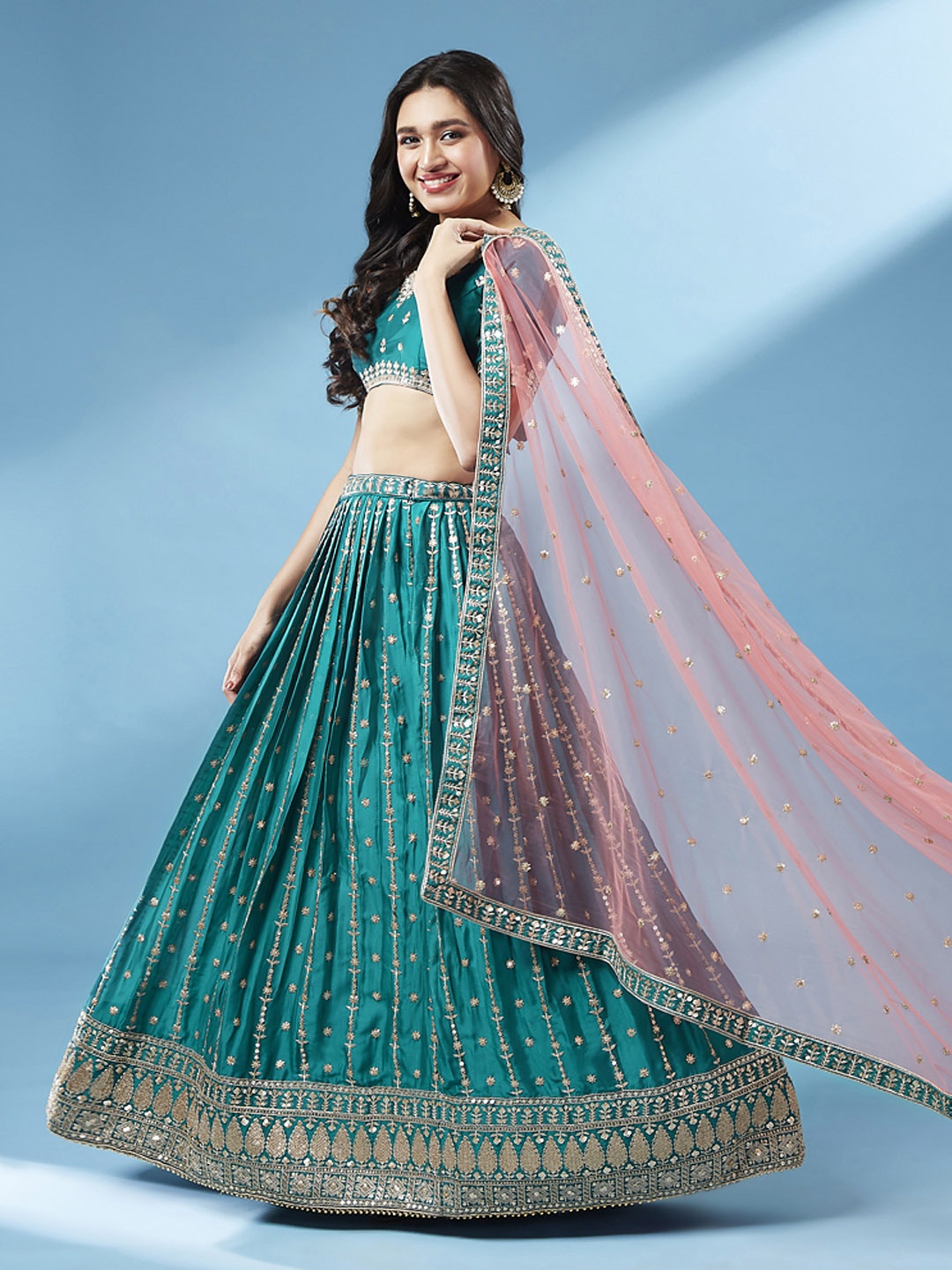 

panchhi Green & Gold Sequinned Semi-Stitched Lehenga & Unstitched Blouse With Dupatta