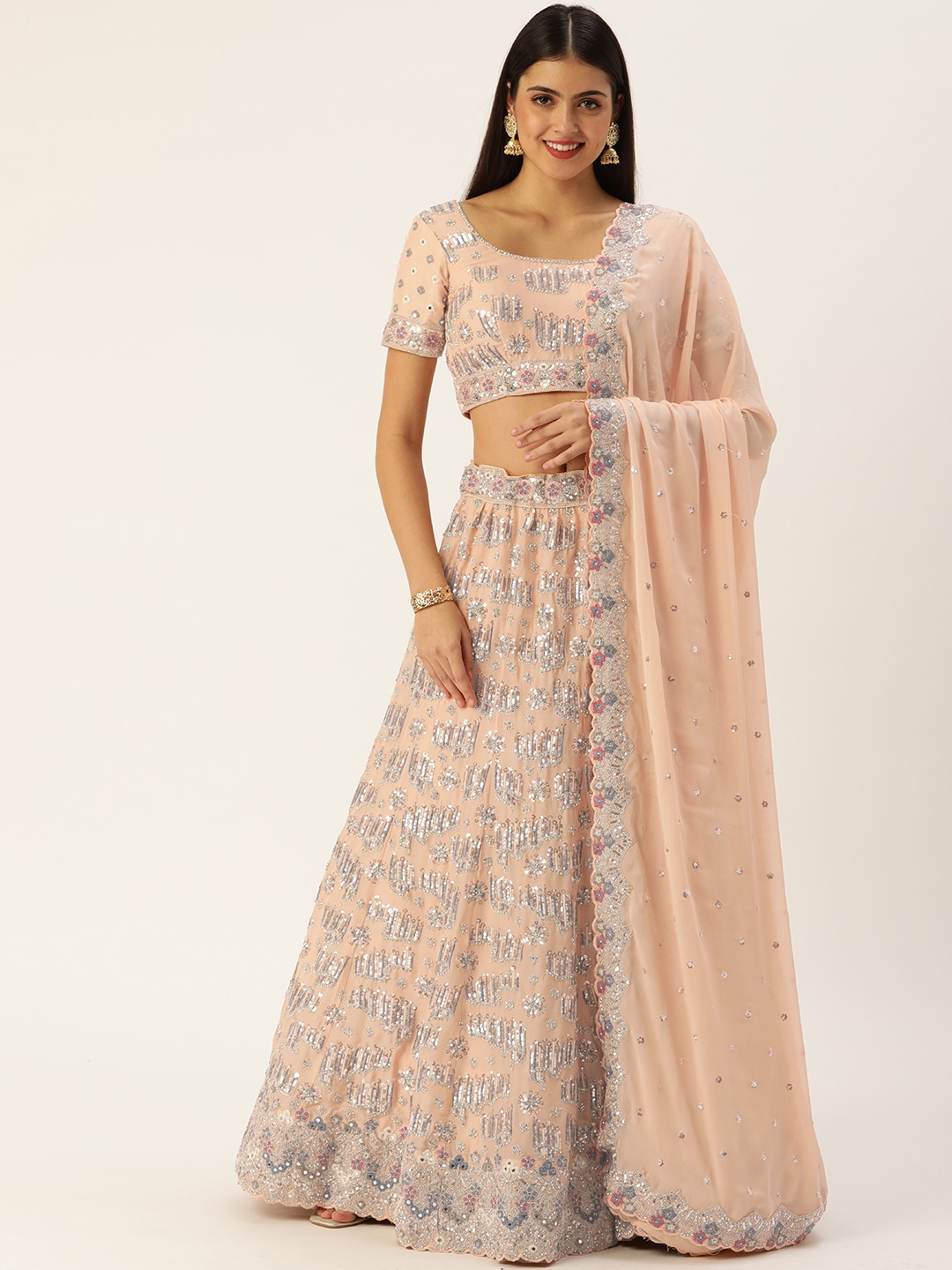 

panchhi Peach-Coloured & Embroidered Sequinned Semi-Stitched Lehenga & Unstitched Blouse With Dupatta
