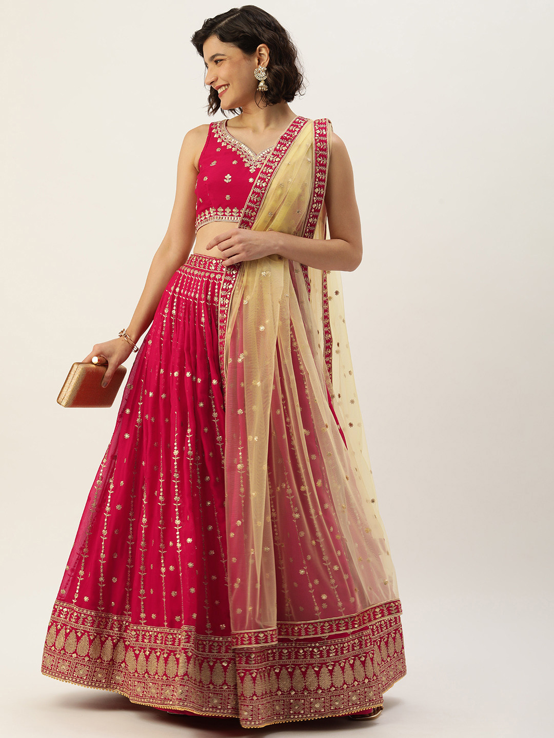 

panchhi Red & Gold Sequinned Sequinned Semi-Stitched Lehenga & Unstitched Blouse Dupatta