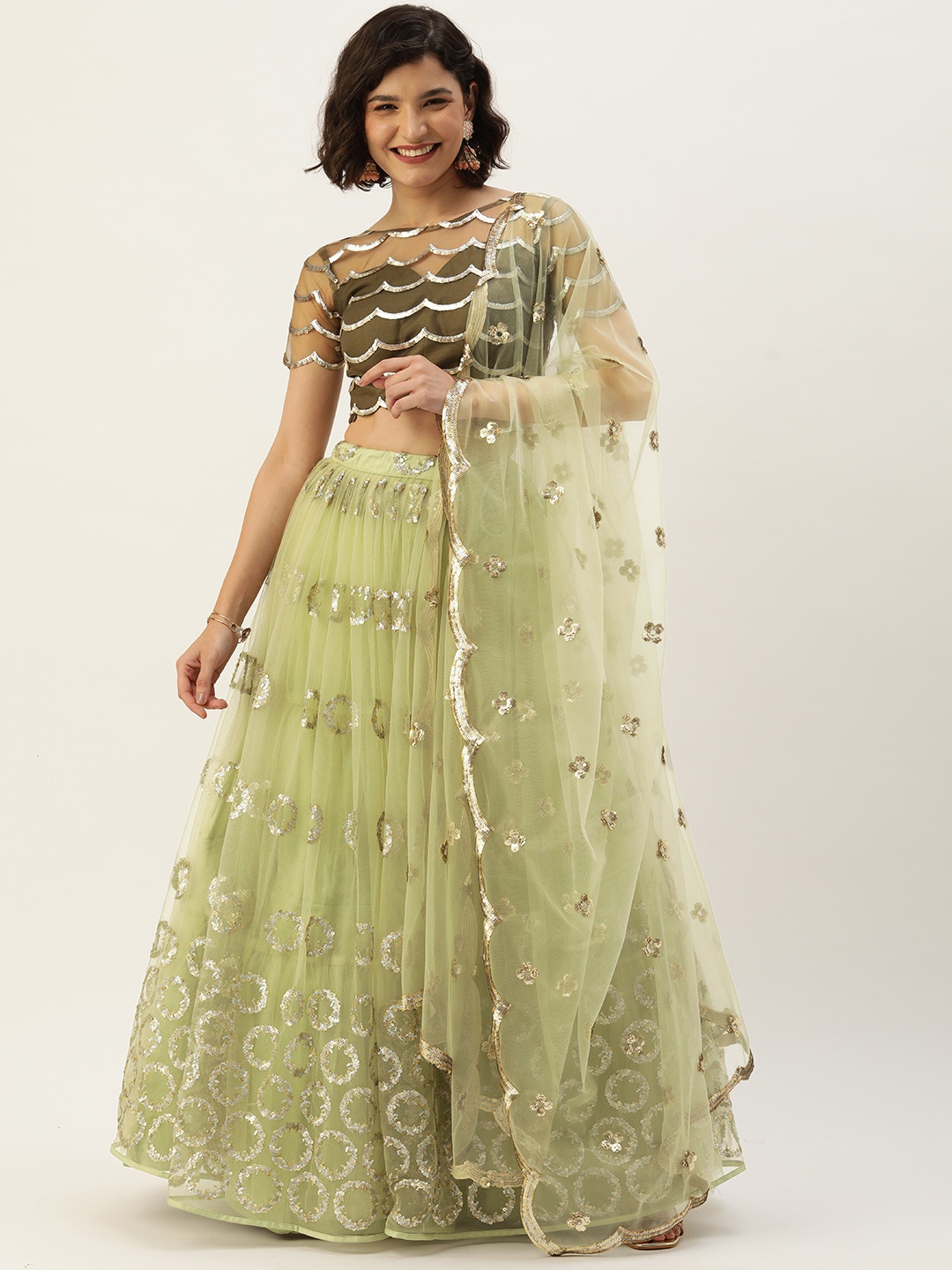 

panchhi Green & Gold Sequinned Semi-Stitched Lehenga & Unstitched Blouse Dupatta
