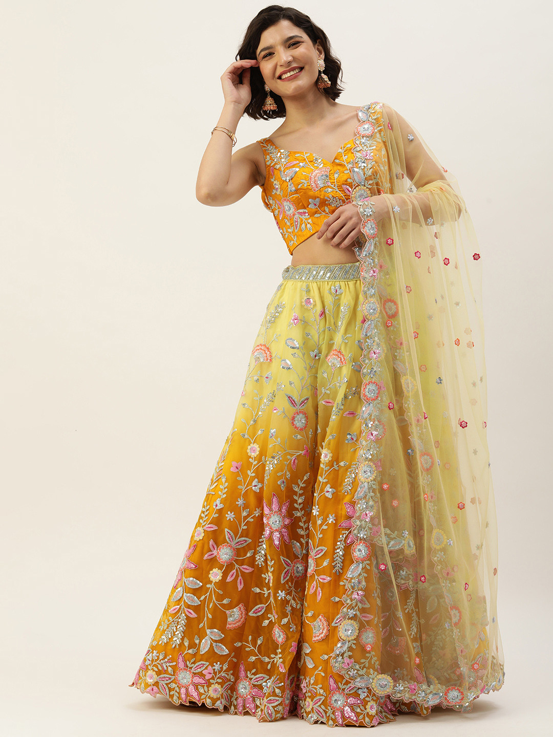 

panchhi Mustard Yellow Sequin Ombre Dyed Semi-Stitched Lehenga & Unstitched Blouse Dupatta