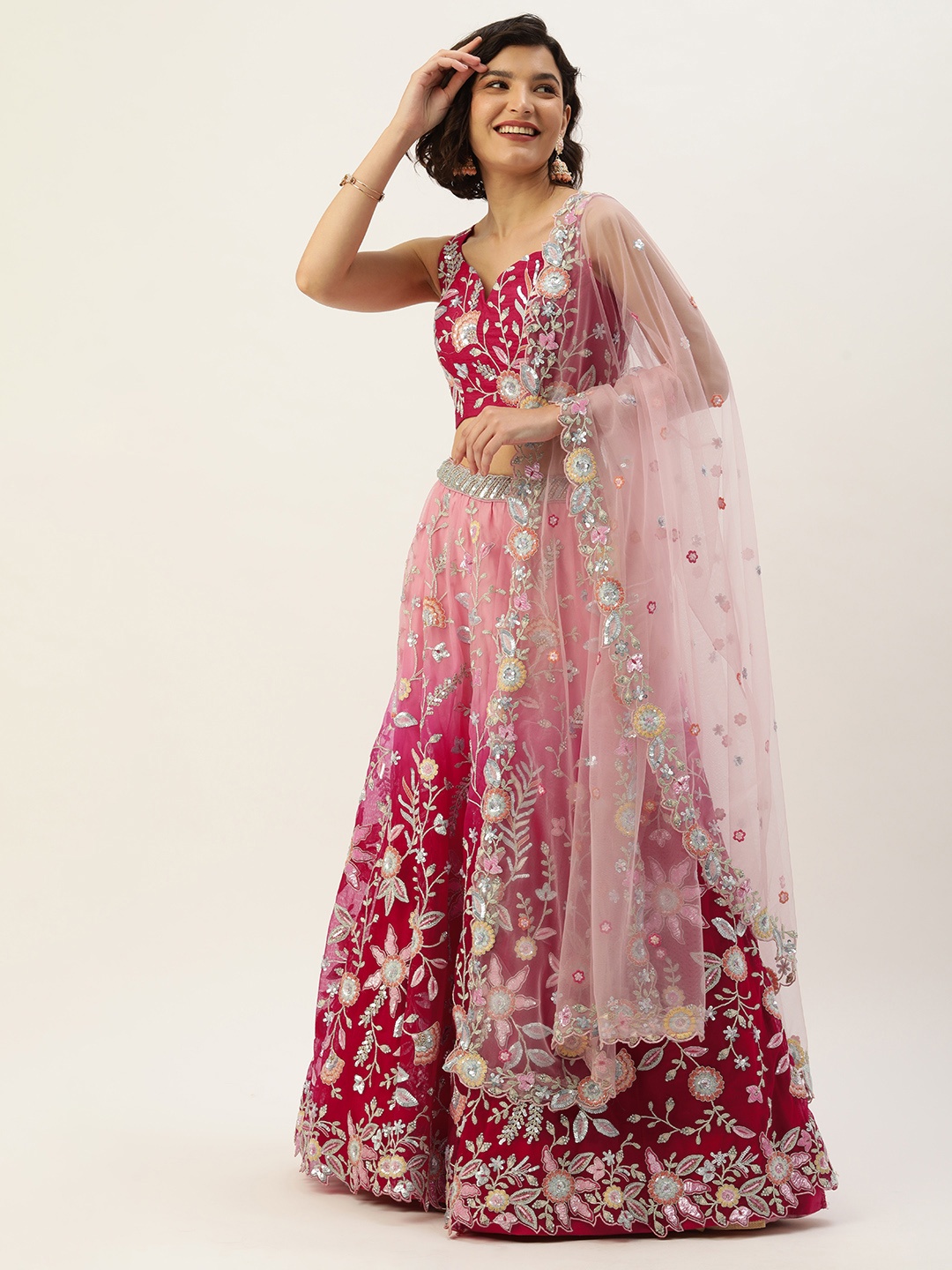 

panchhi Red & Pink Ombre Dyed Sequinned Semi-Stitched Lehenga & Unstitched Blouse Dupatta