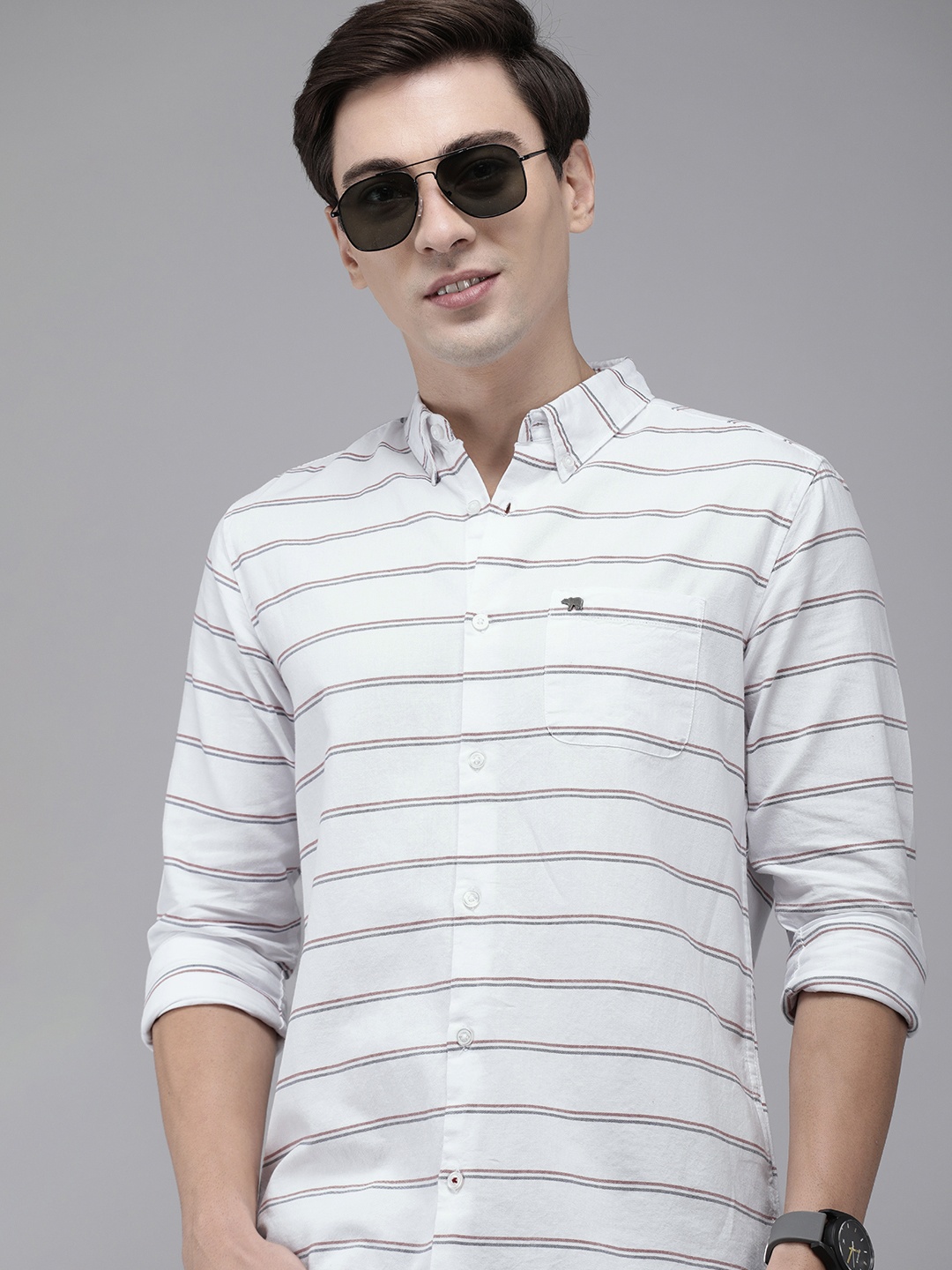 

THE BEAR HOUSE Men White Striped Pure Cotton Slim Fit Casual Shirt