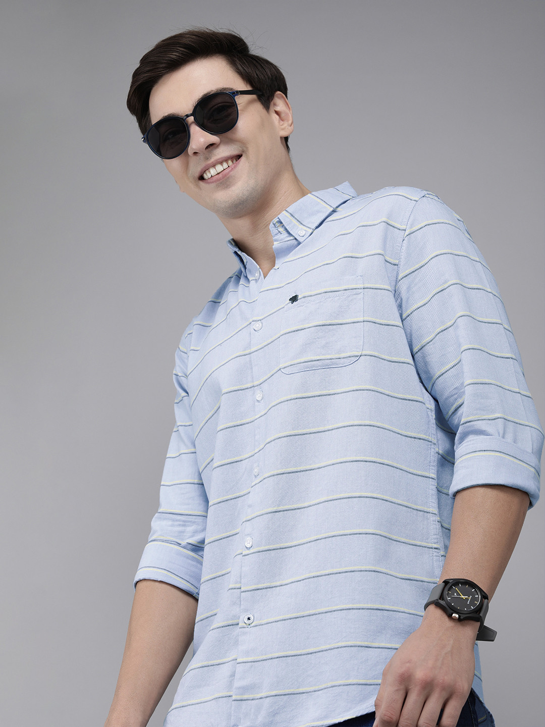 

THE BEAR HOUSE Men Blue Striped Pure Cotton Slim Fit Casual Shirt