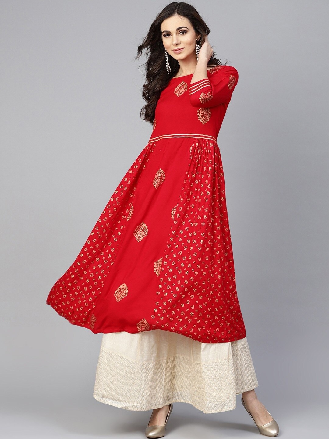 

Tulsattva Women Red Ethnic Motifs Printed Block Print Anarkali Kurta