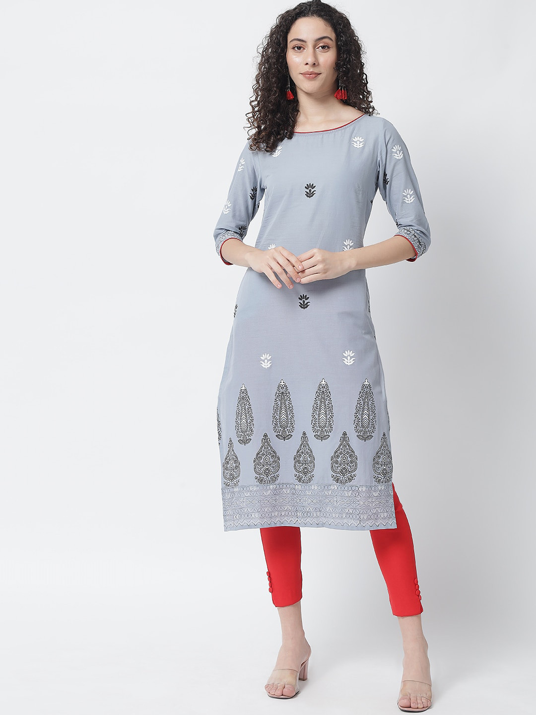

Tulsattva Women Grey Ethnic Motifs Block Print Cotton Kurta