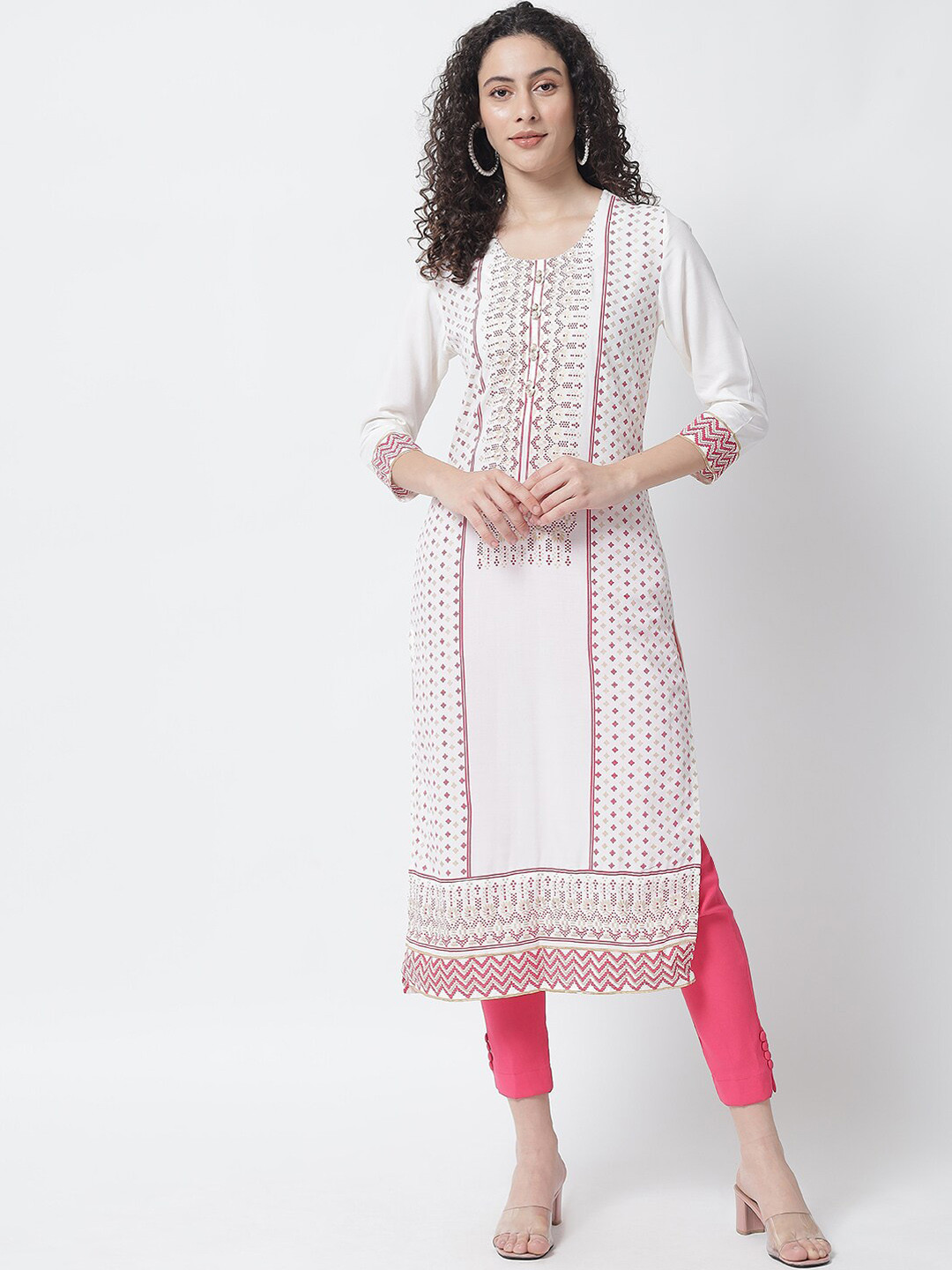 

Tulsattva Women White & Pink Ethnic Motifs Printed Kurta