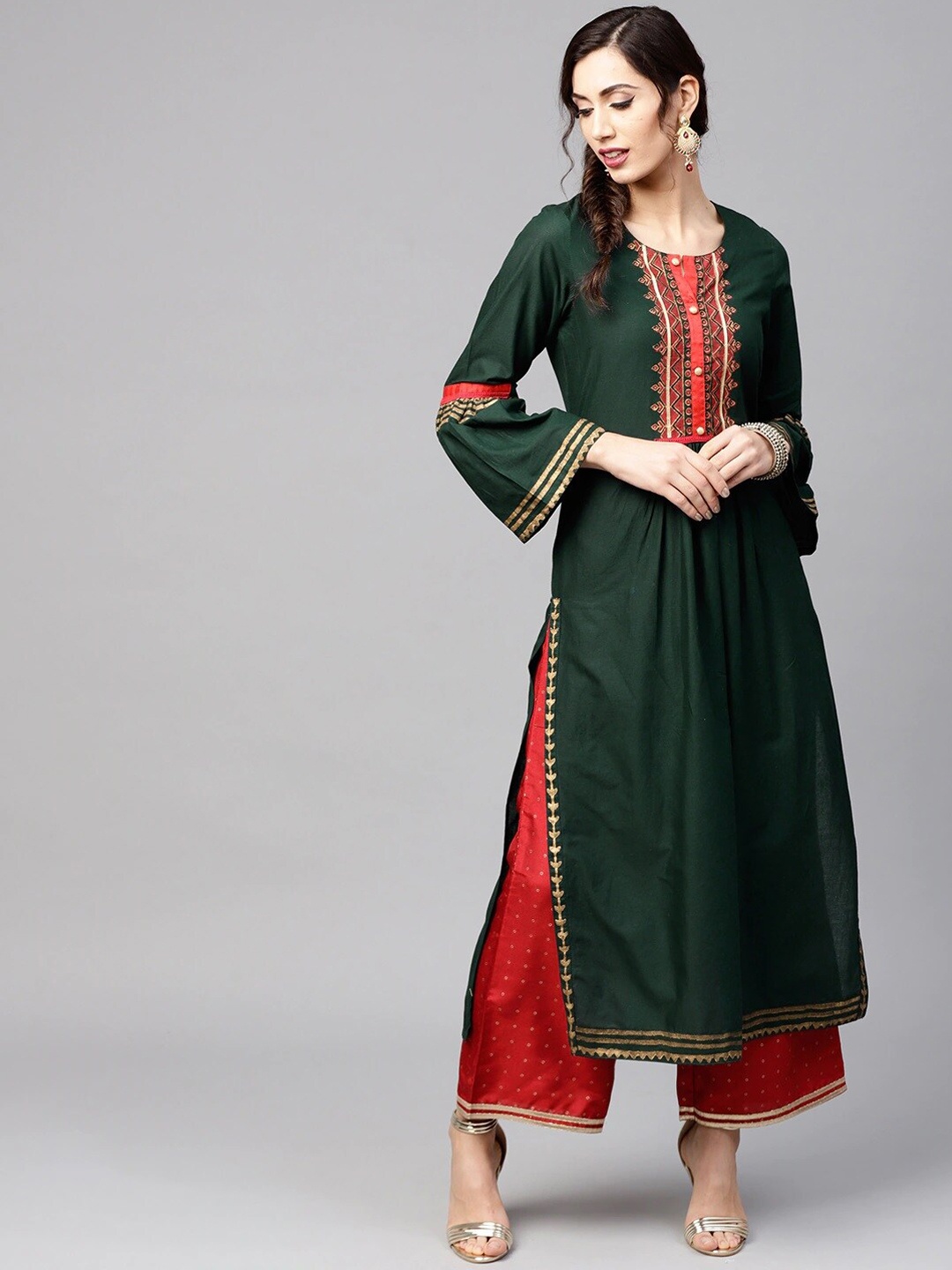 

Tulsattva Women Green & Red Yoke Design Bell Sleeves Straight Cotton Kurta