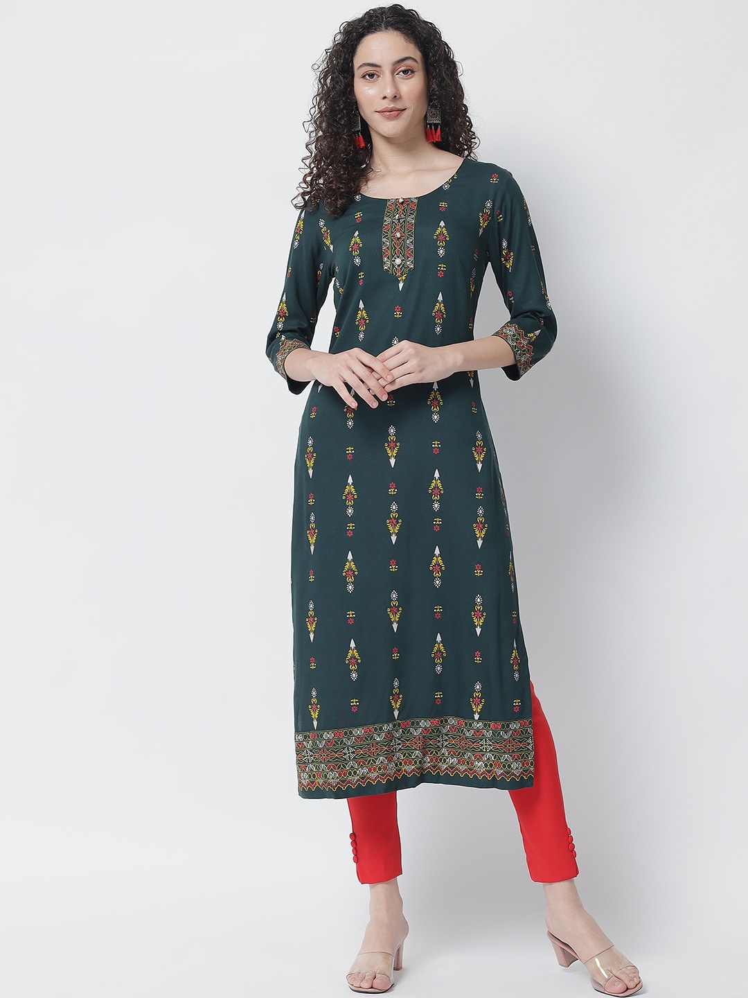 

Tulsattva Women Mustard Green Ethnic Motifs Printed Print Kurta