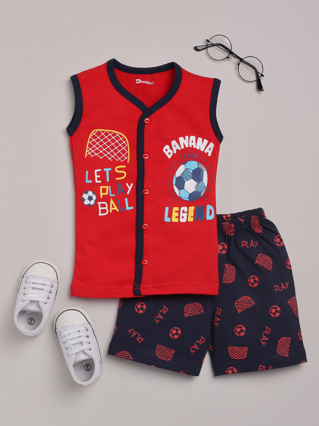 

MooNKids Boys Red & Navy Blue Printed Cotton T-shirt with Shorts