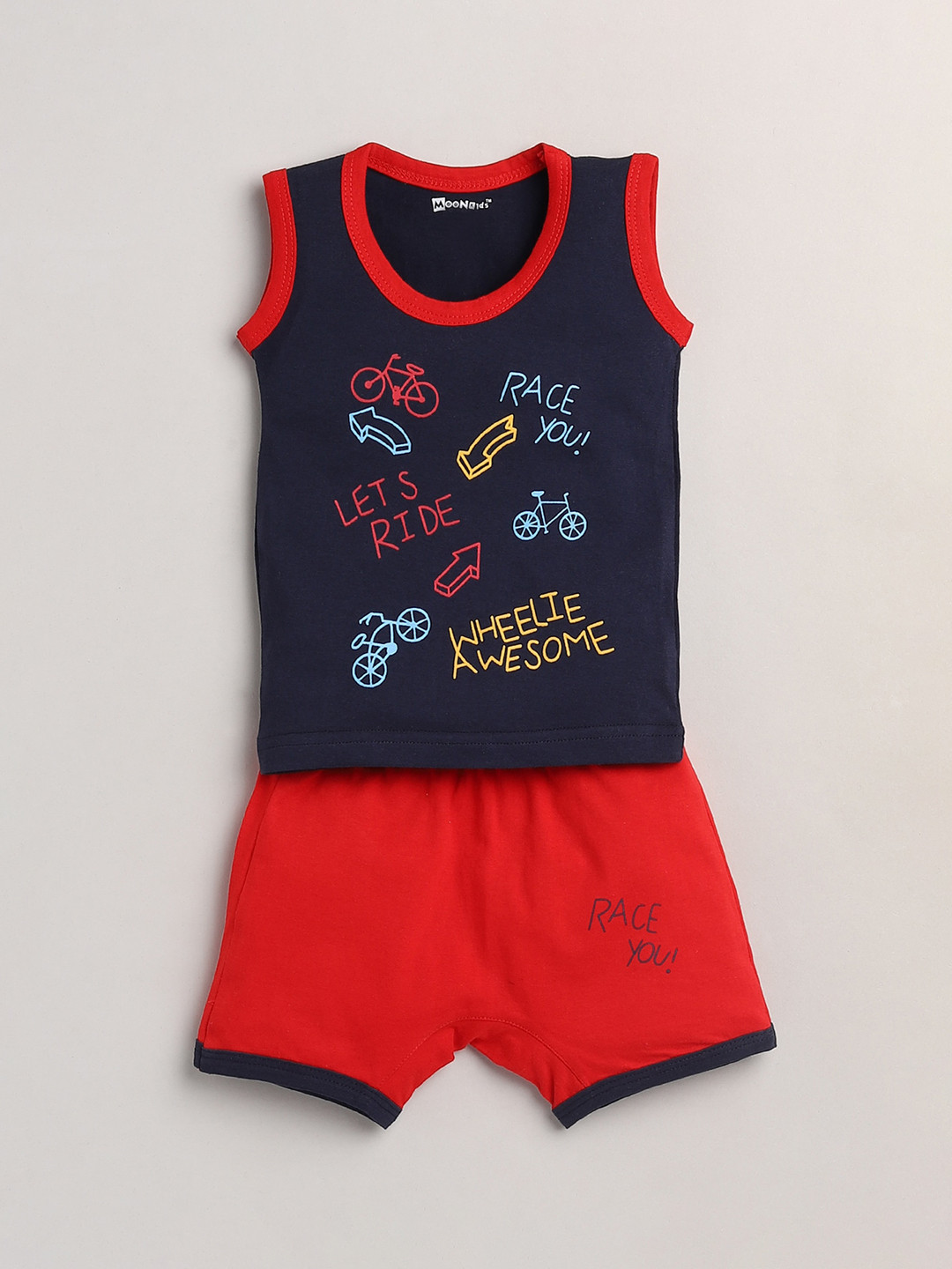 

MooNKids Boys Navy Blue & Red Pure Cotton Printed T-shirt with Shorts