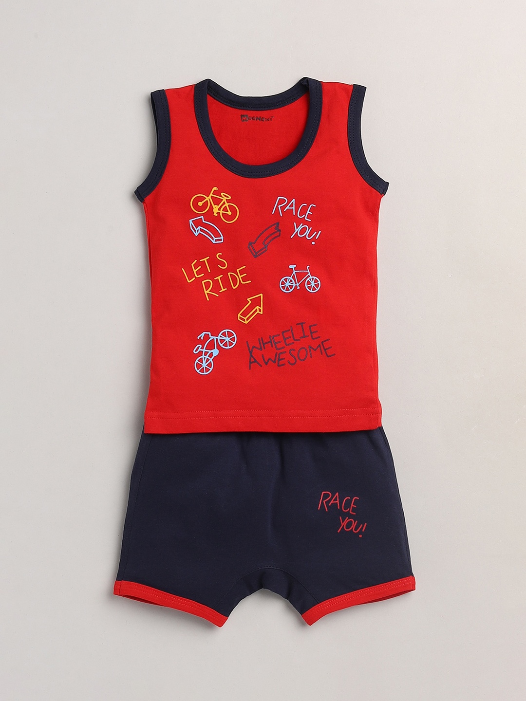 

MooNKids Boys Red & Navy Blue Printed Cotton T-shirt with Shorts