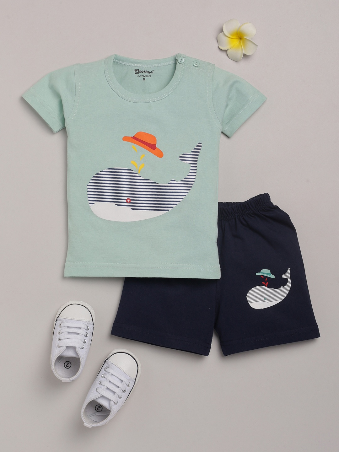 

MooNKids Boys Navy Blue & Green Printed T-shirt with Shorts