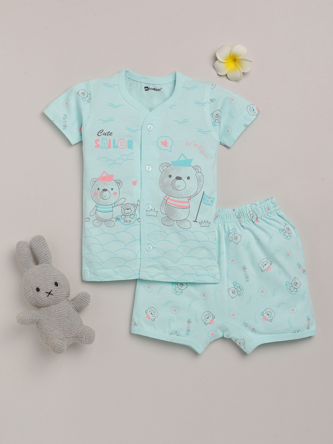 

MooNKids Boys Sea Green Printed Cotton T-shirt with Shorts