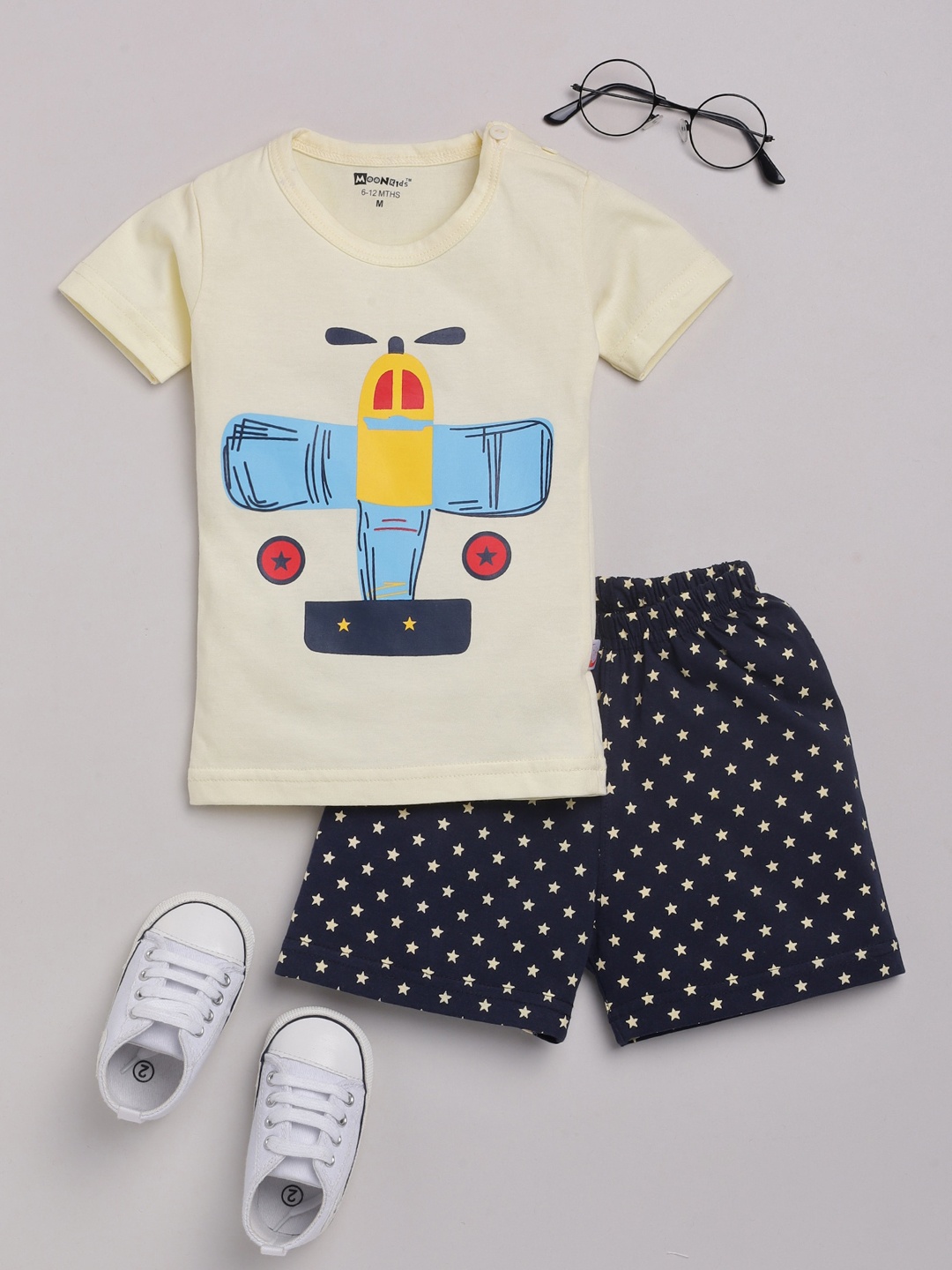 

MooNKids Boys Navy Blue & Yellow Pure Cotton Printed T-shirt with Shorts