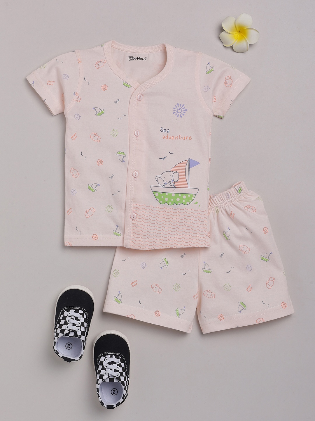 

MooNKids Boys Peach-Coloured Printed Cotton T-shirt with Shorts