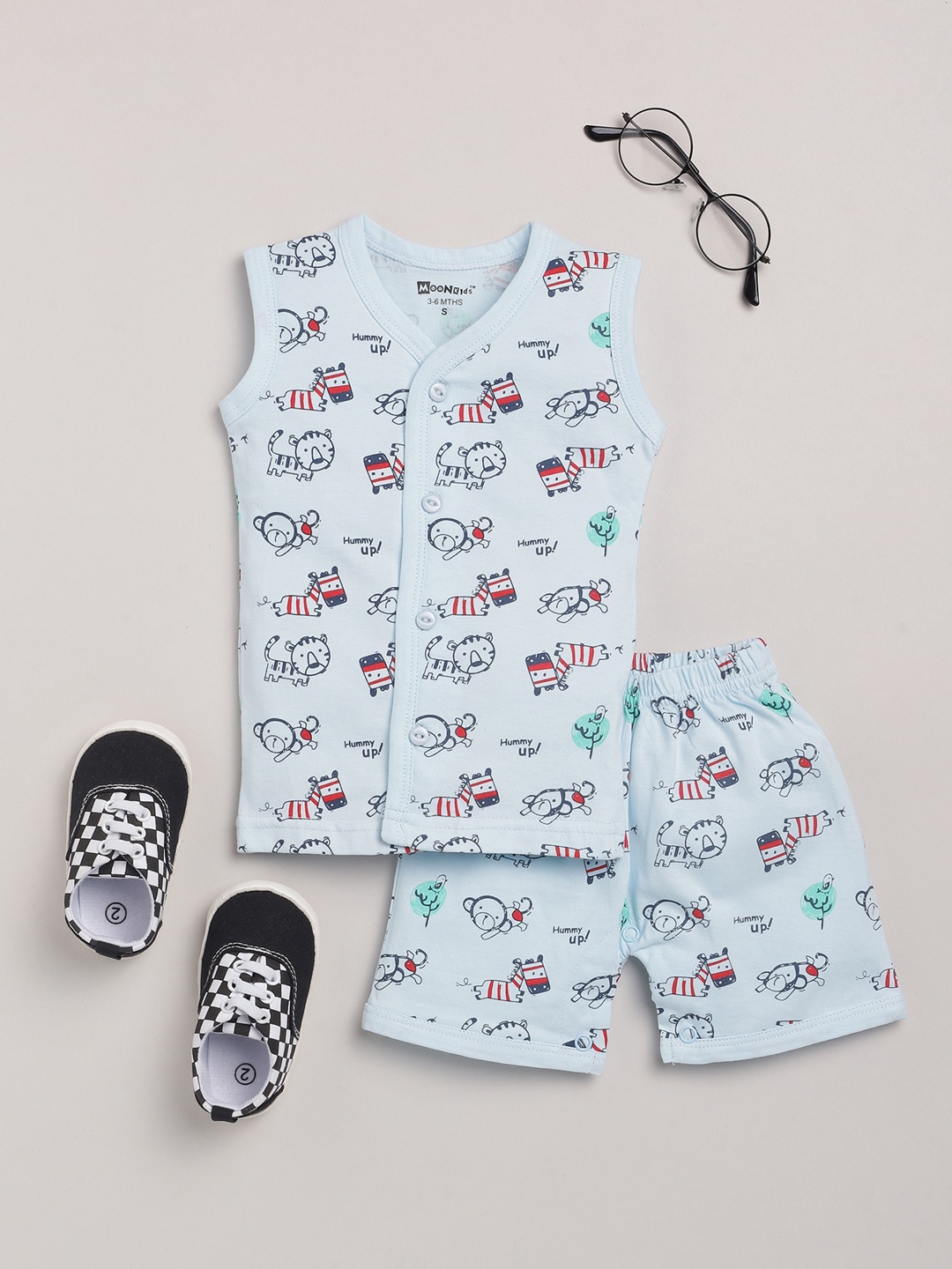 

MooNKids Boys Turquoise Blue Printed Cotton T-shirt with Shorts