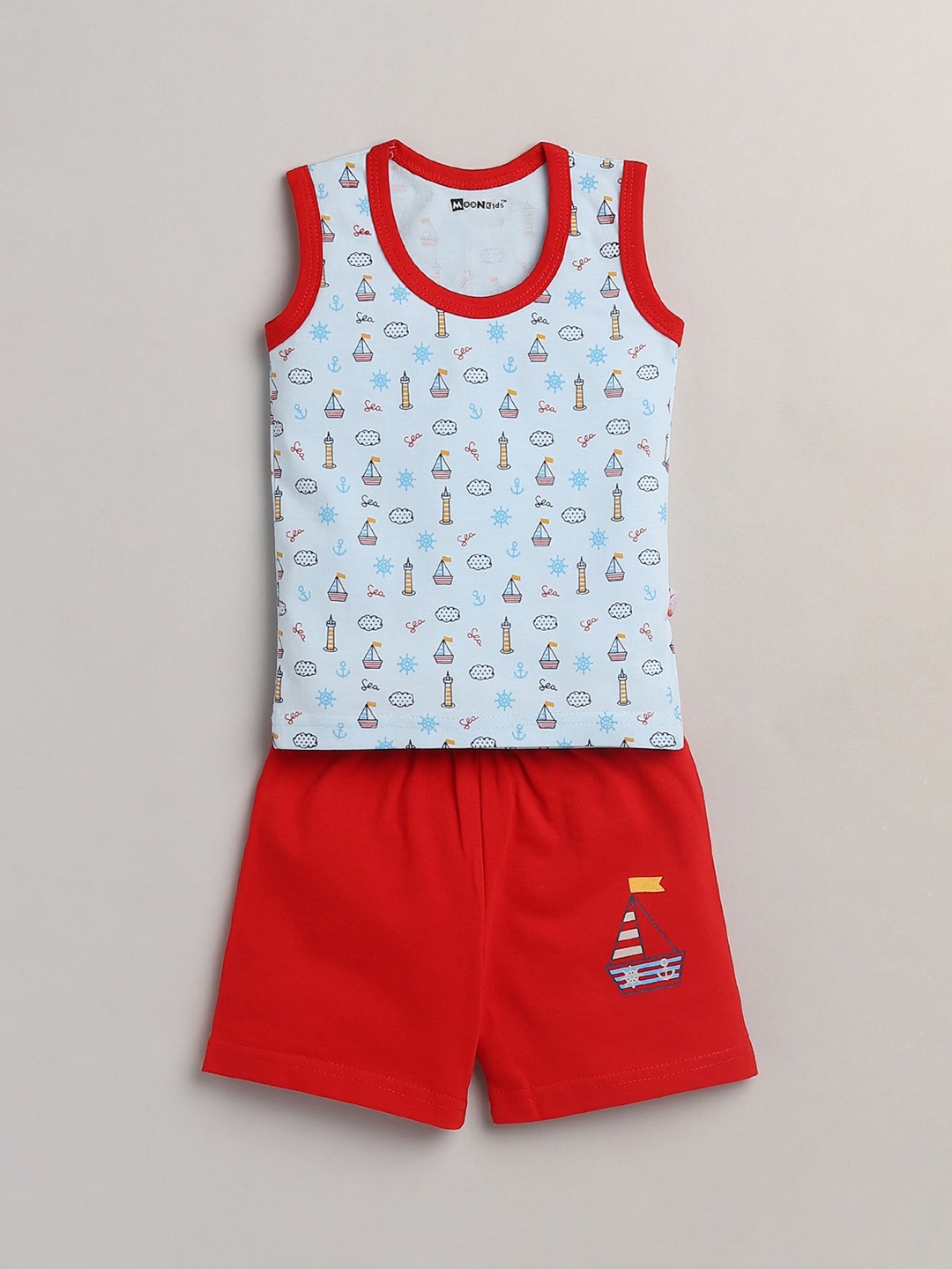 

MooNKids Boys Turquoise Blue & Red Printed Cotton T-shirt with Shorts