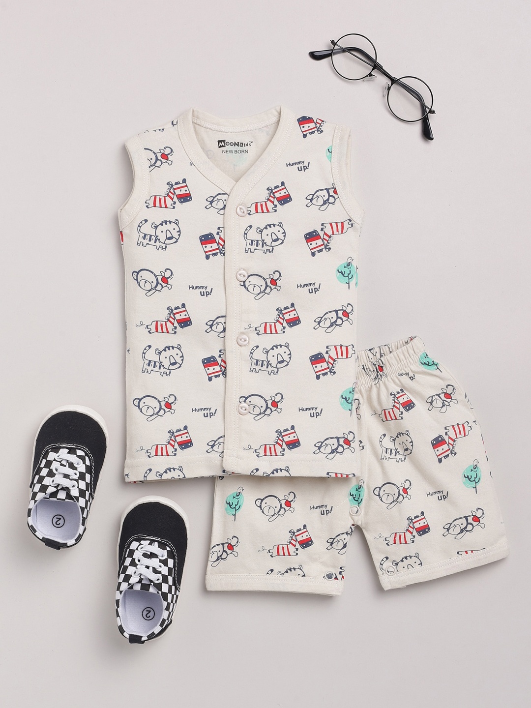 

MooNKids Boys Beige & White Printed T-shirt with Shorts